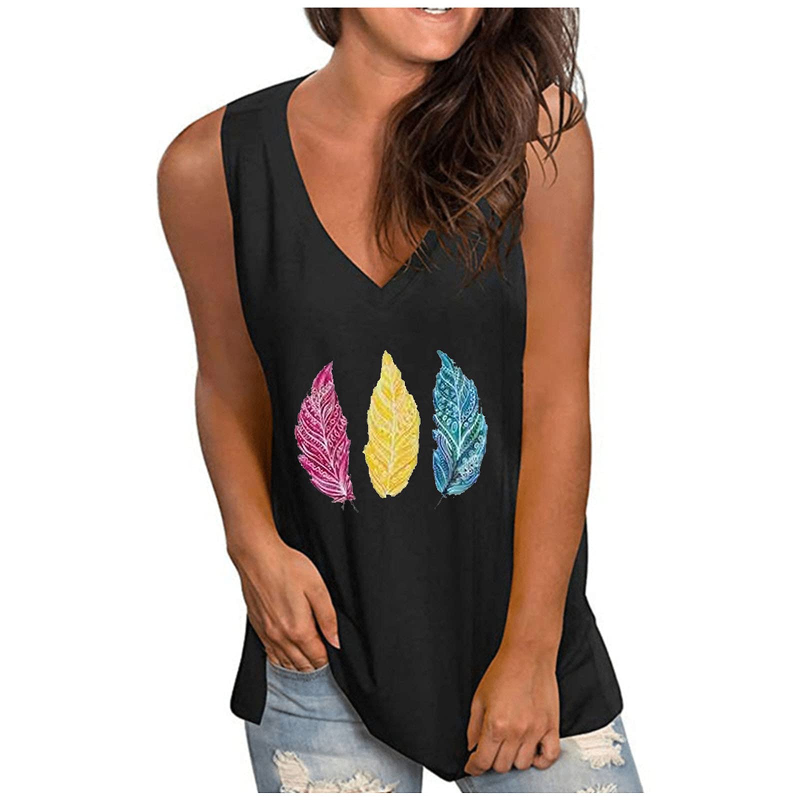 Women's Plus Size Feather Print Tank Tops - Fashion Casual Summer Sleeveless Shirts for Going Out | Perfect for Beach, Party & Vacation Wear