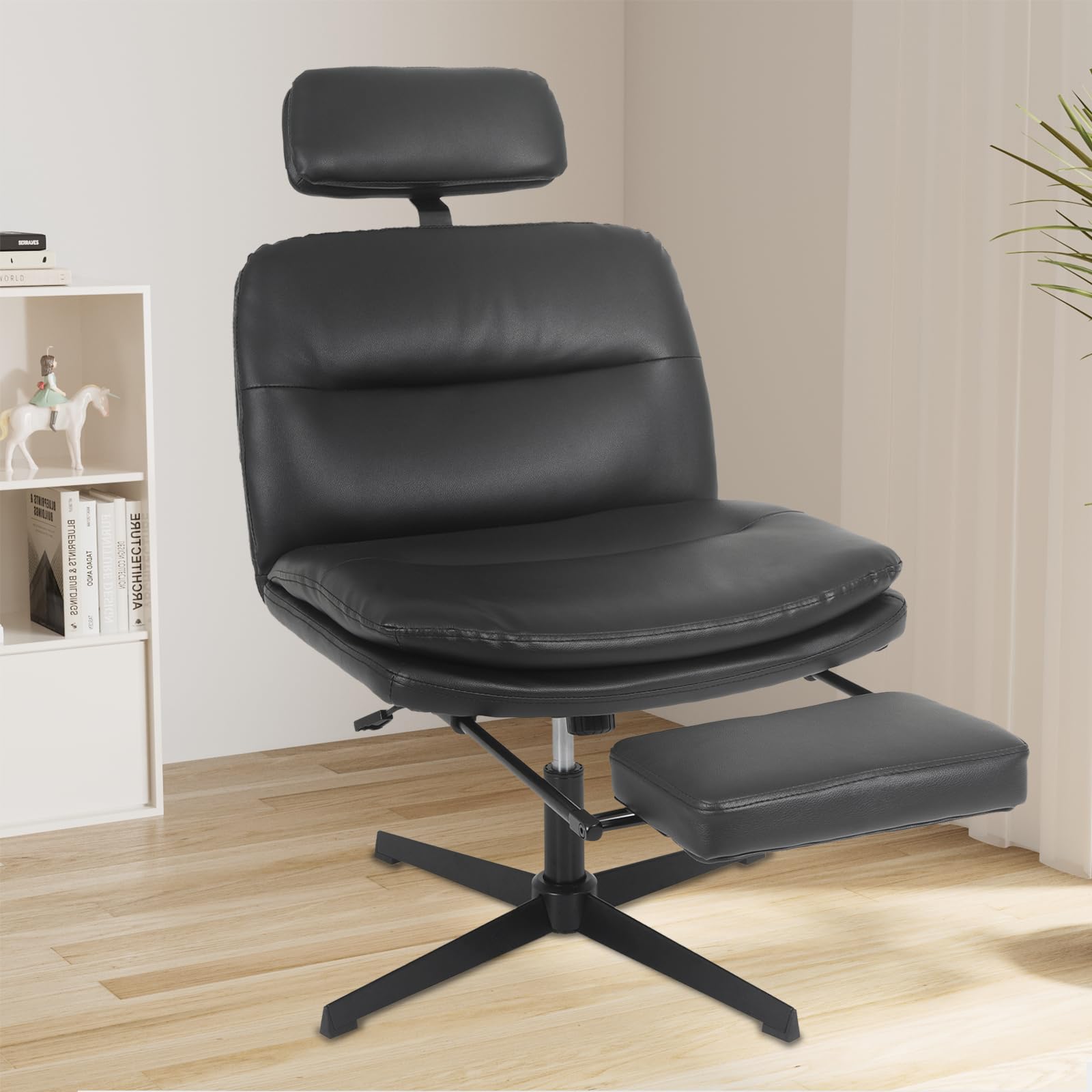 ELECWISH Criss Cross Office Chair - Armless Cross-Legged Desk Chair Without Wheels, PU Leather Ergonomic Home Office Chair with Wide Padded Seat, Headrest & Footrest - Perfect for Small Spaces, Bedroom, Living Room & Home Office (Black)