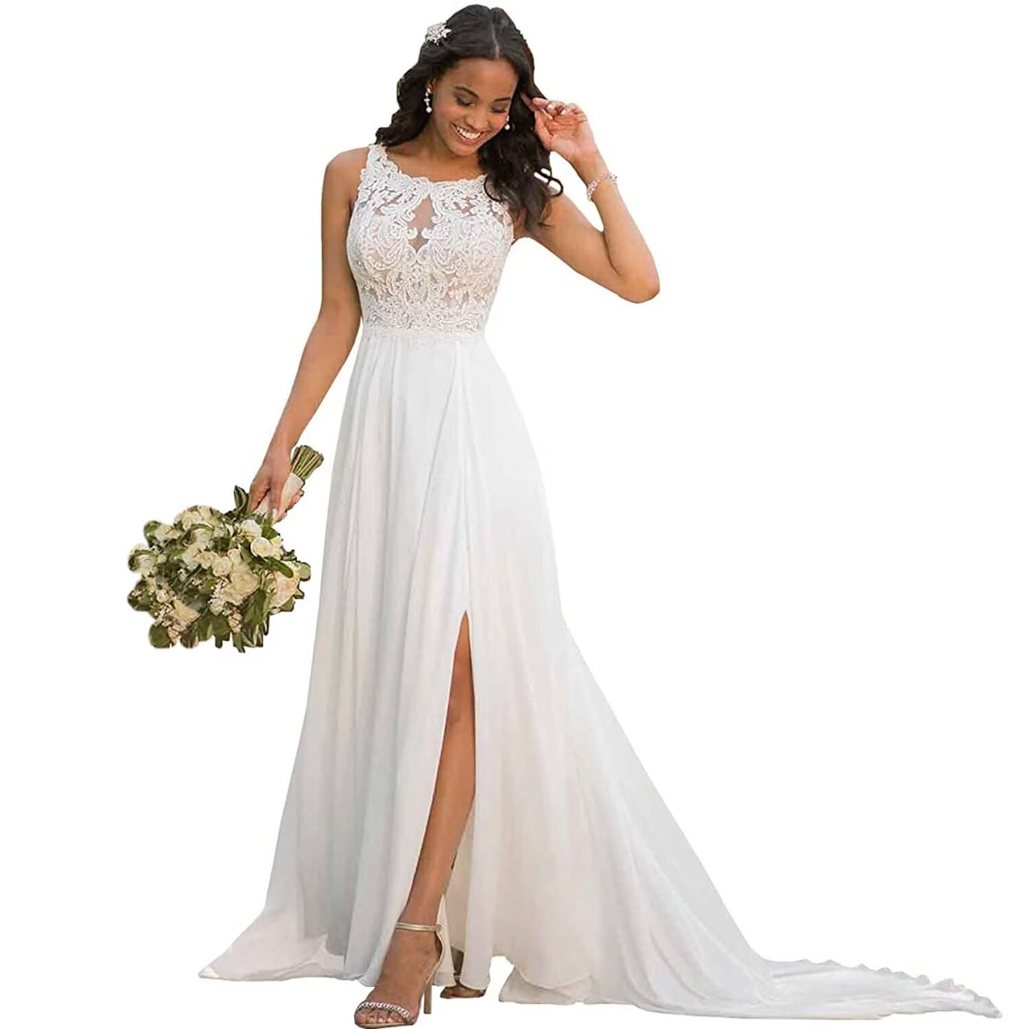 Elegant Chiffon Lace Wedding Dress for Bride - A-Line Beach Bridal Gown with Long Train & Side Split | Perfect for Beach Weddings, Outdoor Ceremonies & Romantic Photoshoots