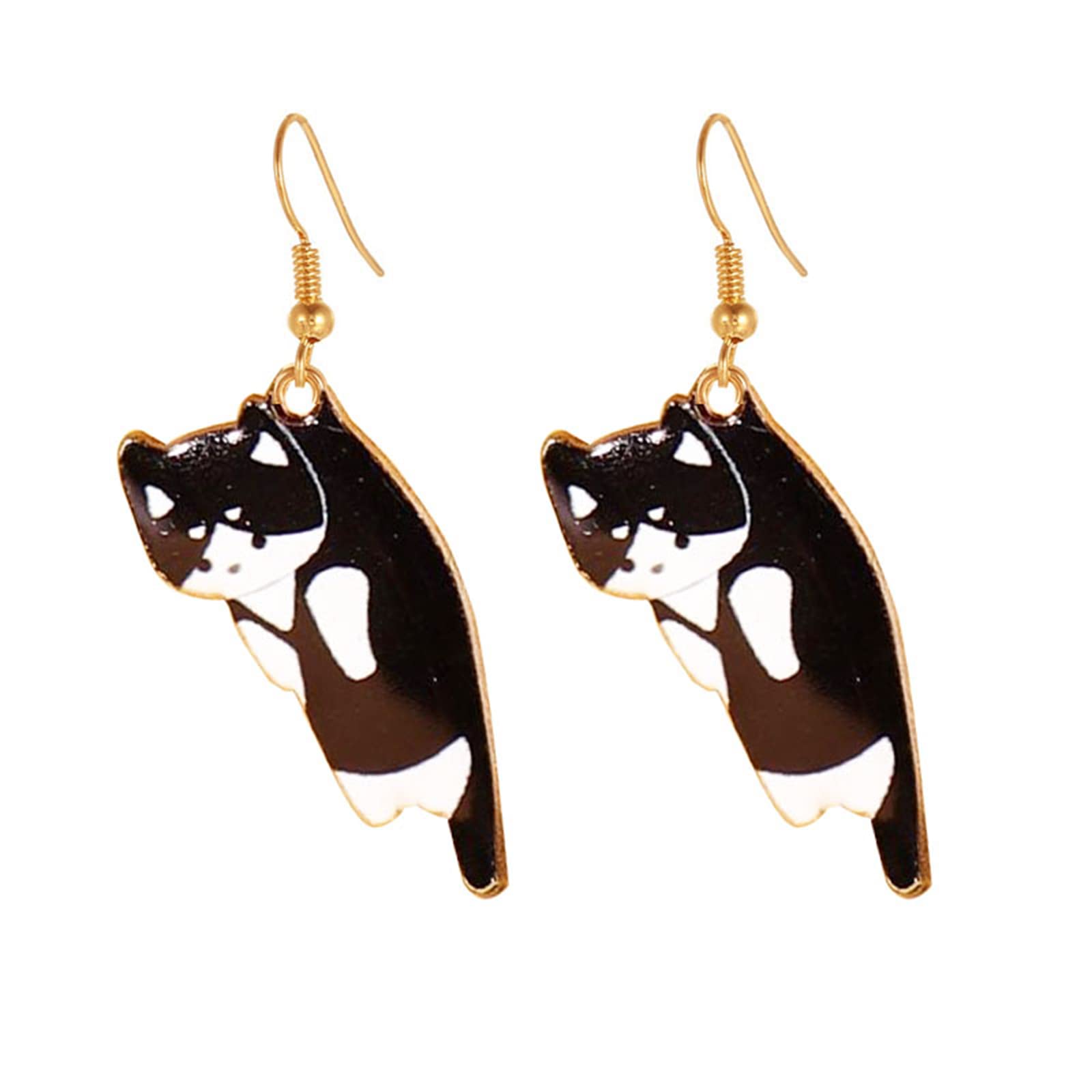 Cute Anime Cat Earrings for Women - Gold Plated Enamel Black & White Cartoon Cat Dangle Drop Hook Earrings - Perfect Gift for Cat Lovers & Cat Moms - Great for Cosplay, Parties & Everyday Wear
