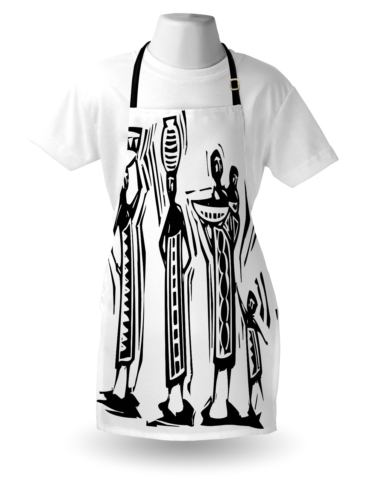 Lunarable Ethnic Apron - Traditional Baskets & Pots Design - Adjustable Unisex Kitchen Bib Apron for Cooking, Baking, Gardening - Black & White - Perfect for Home Chefs, BBQ Parties & Pottery Enthusiasts