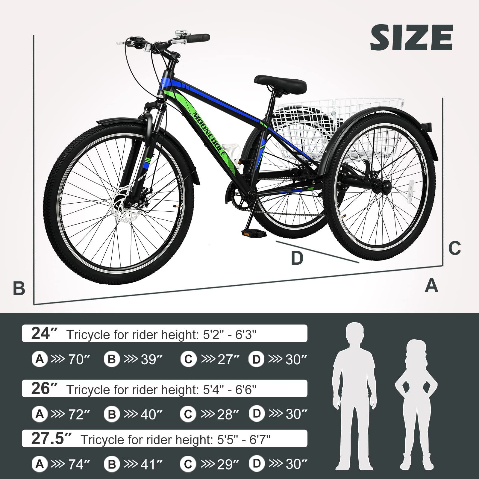 Vanell Adults Mountain Tricycles - 7-Speed 3-Wheel Bikes 24/26/27.5 Inch with Basket, Front Suspension & Disc Brakes for Safe Riding | Perfect for Seniors, Commuting & Outdoor Adventures