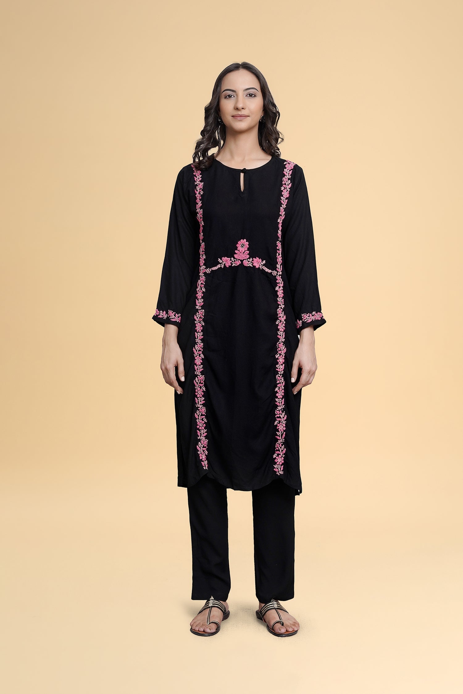 Elegant Saba Chikankari Long Kurta - Rayon Cotton Blend Black Ethnic Dress for Women | Perfect for Festivals, Weddings & Special Occasions