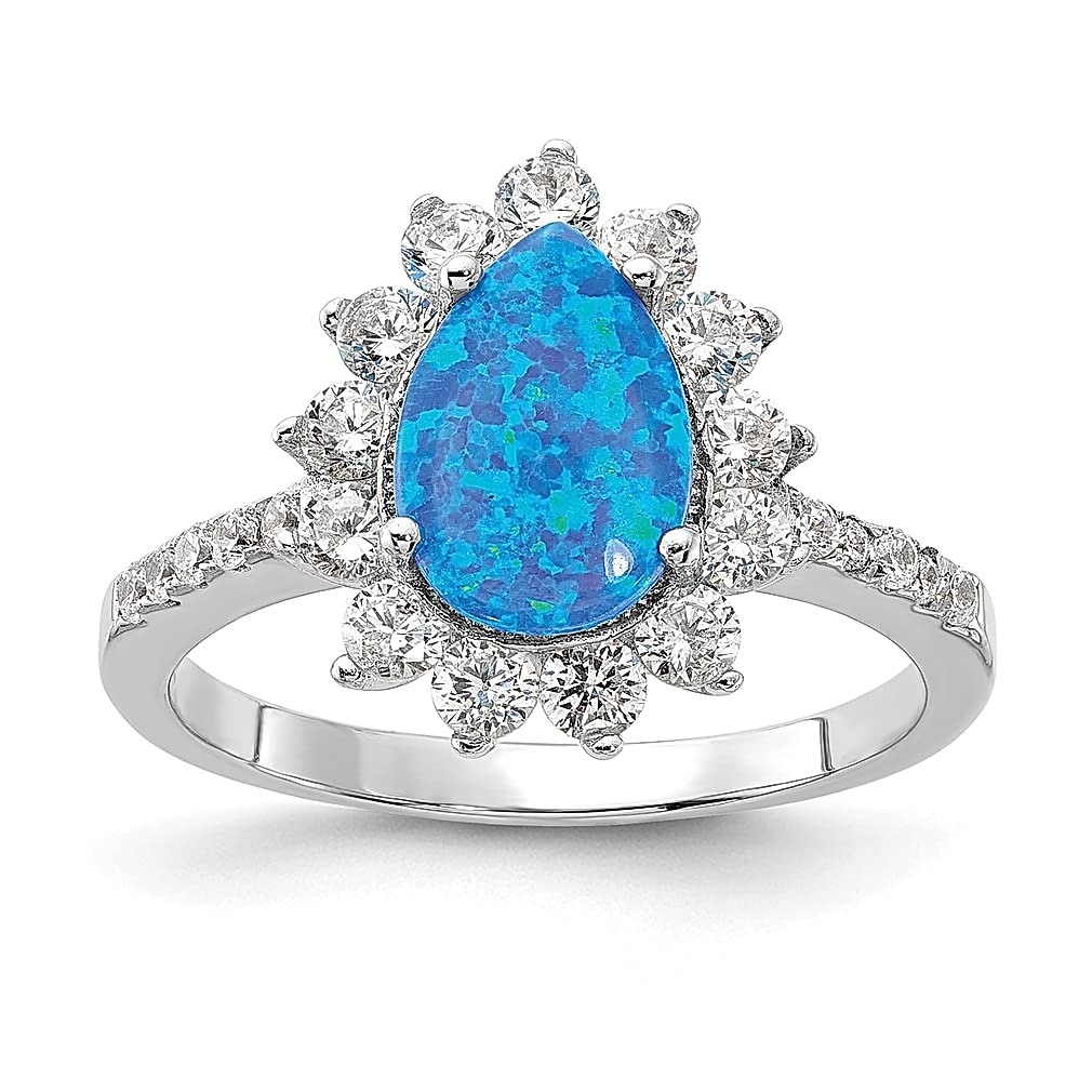 925 Sterling Silver Teardrop Ring with Lab-Created Blue Opal & Cubic Zirconia – Elegant Gemstone Jewelry for Women | Perfect Gift for Her, Birthday, Anniversary & Special Occasions