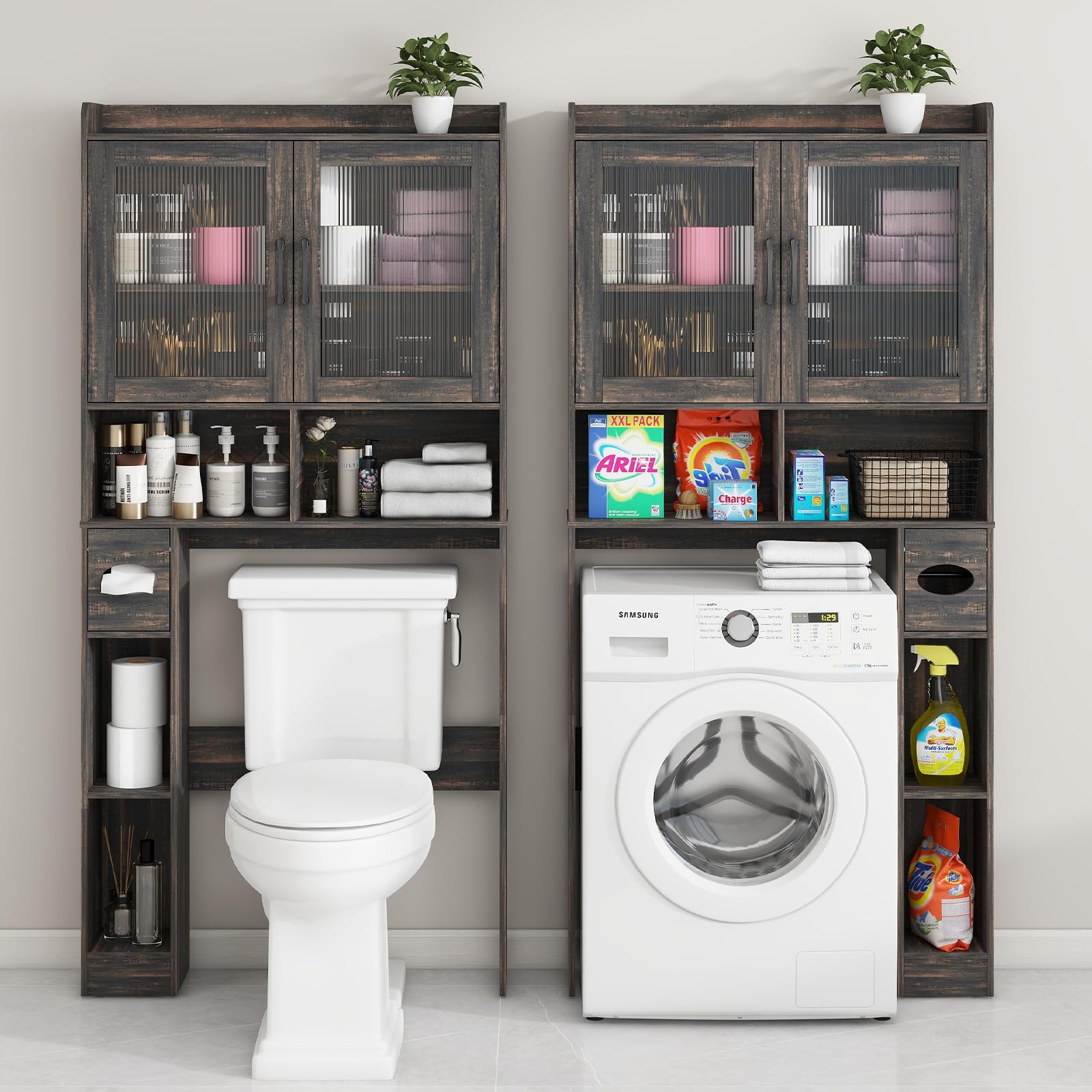 Farmhouse Style Over-The-Toilet Storage Cabinet with 2 Acrylic Wave Doors - Space Saving Bathroom Organizer for Toiletries, Towels & Laundry Supplies - Perfect for Small Bathrooms, Powder Rooms & Apartment Living