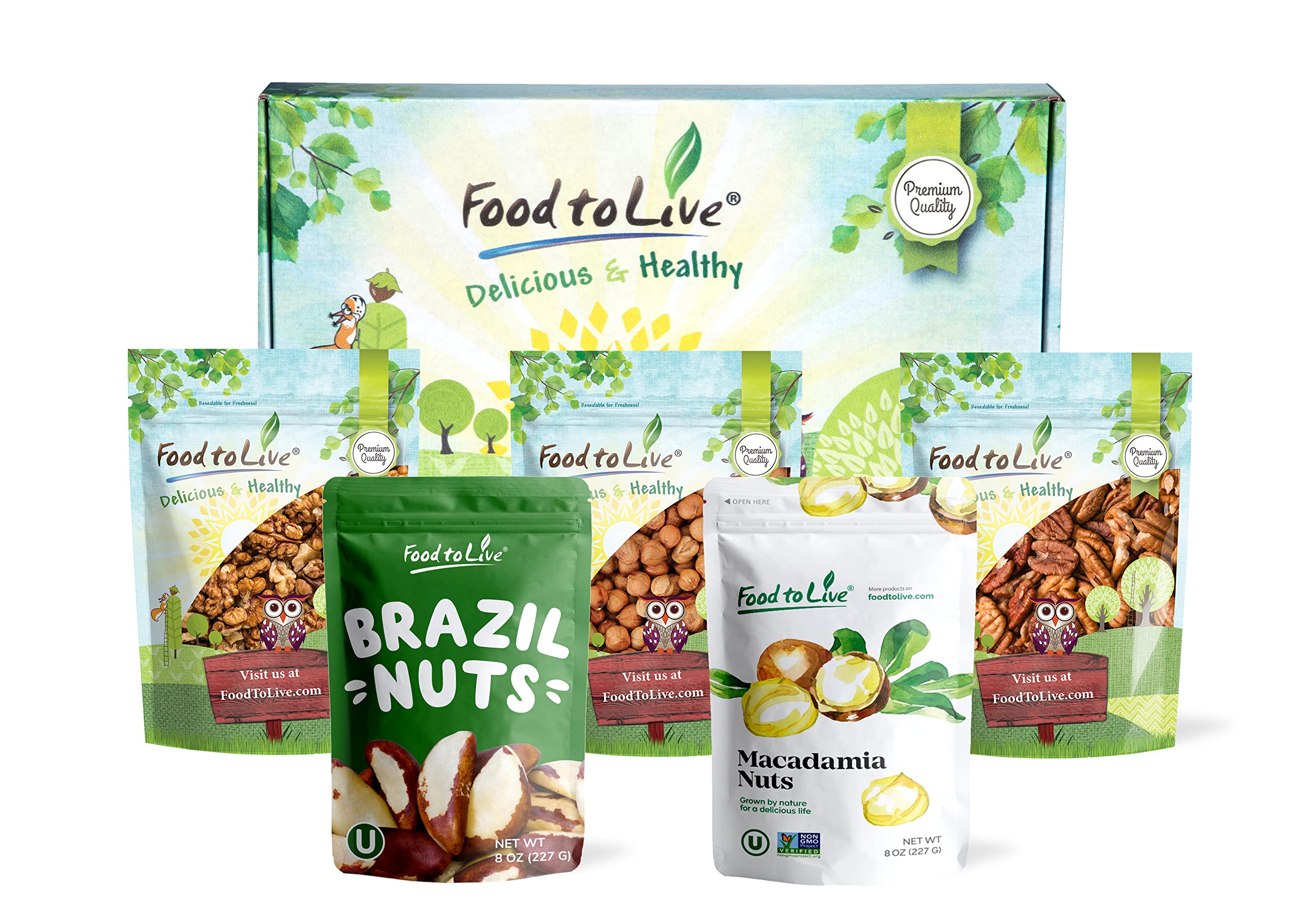 Food to Live Keto Raw Nuts Gift Box - Premium Pecans, Brazil Nuts, Macadamia Nuts, Walnuts & Hazelnuts | Low-Carb Snack for Ketogenic Diet, Healthy Party Favors & Holiday Gifts