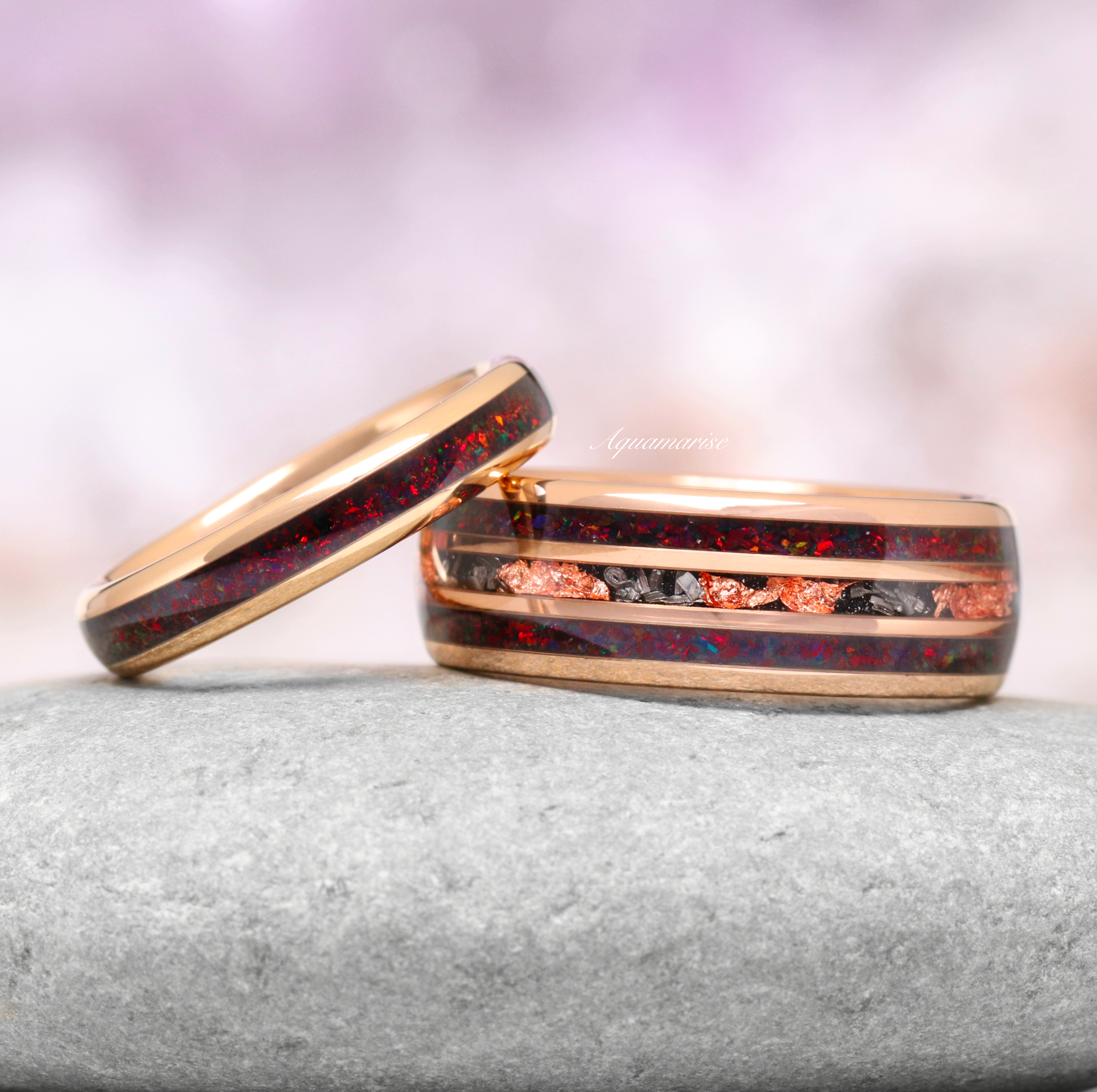 Black Fire Opal & Meteorite Couple Rings - Matching Wedding Bands for Him & Her - Unique Gemstone Jewelry Gift for Anniversary, Engagement - Perfect for Romantic Occasions & Special Dates