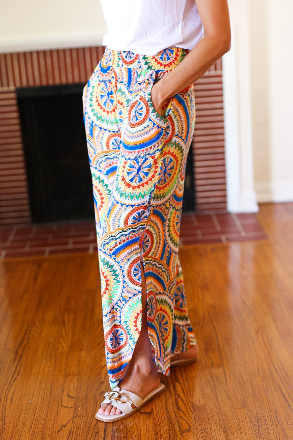 Stylish Multicolor Mandala Print Smocked Waist Palazzo Pants with Side Slits - Perfect for Yoga, Beach Vacations & Boho Fashion Outfits