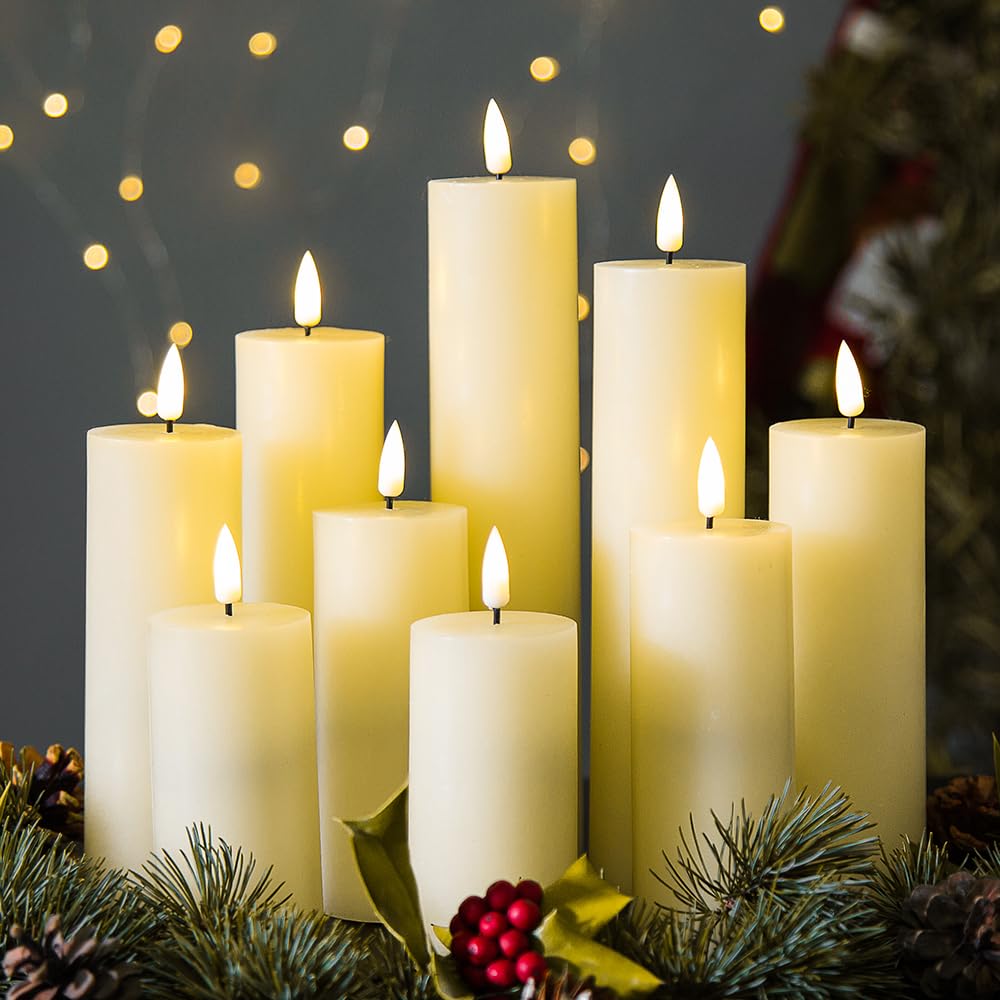 Eywamage Realistic Ivory Slim Flameless Pillar Candles with Remote - Set of 9 LED Battery Operated Fireplace Candles with Real Wax Flickering Effect for Home Decor, Wedding, Dining Table & Romantic Ambiance