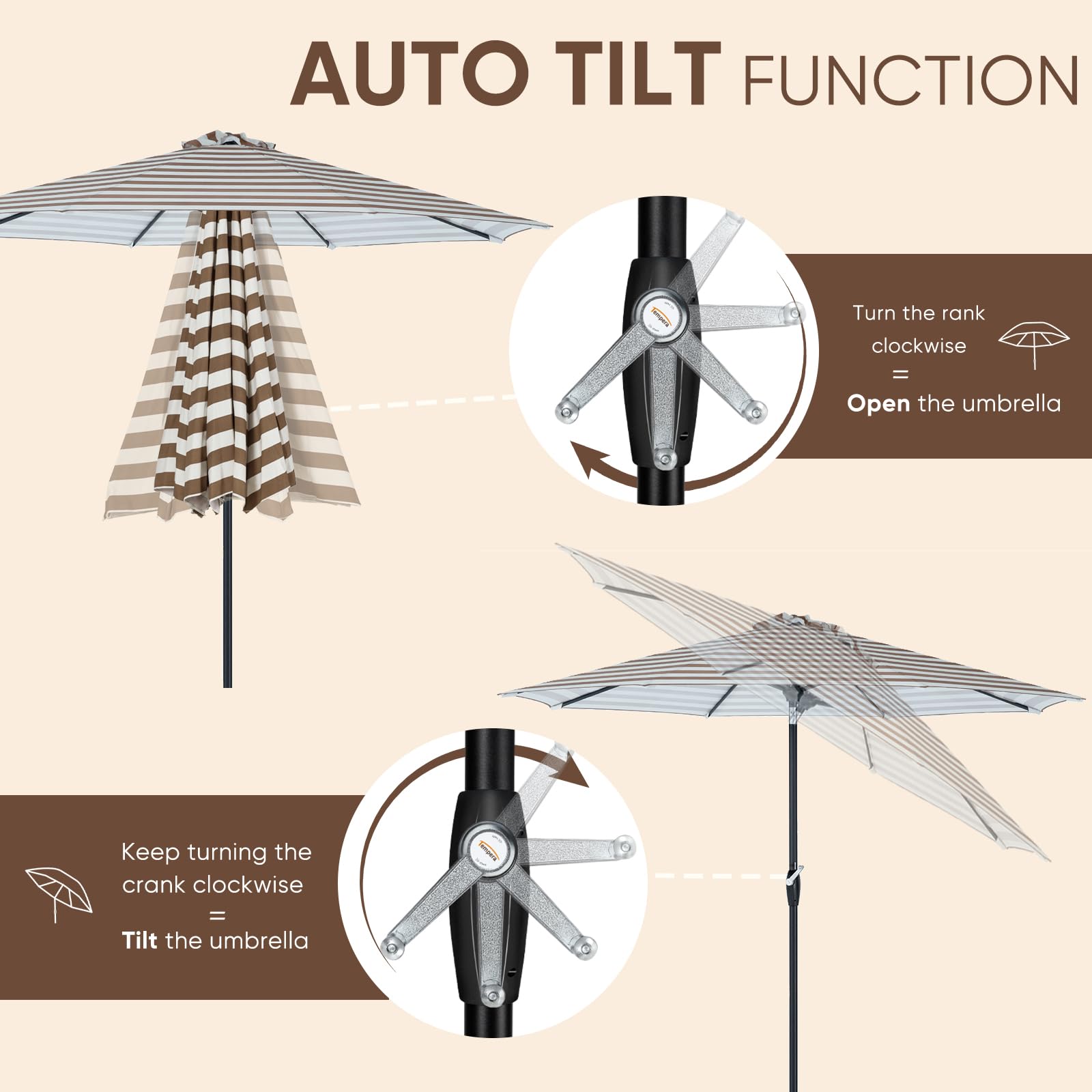 Tempera Patio Market Outdoor Table Umbrella with Auto Tilt & Crank - Large Sun Shade Umbrella with Sturdy Pole & Fade-Resistant Canopy - Easy Setup for Backyard, Poolside & Outdoor Dining