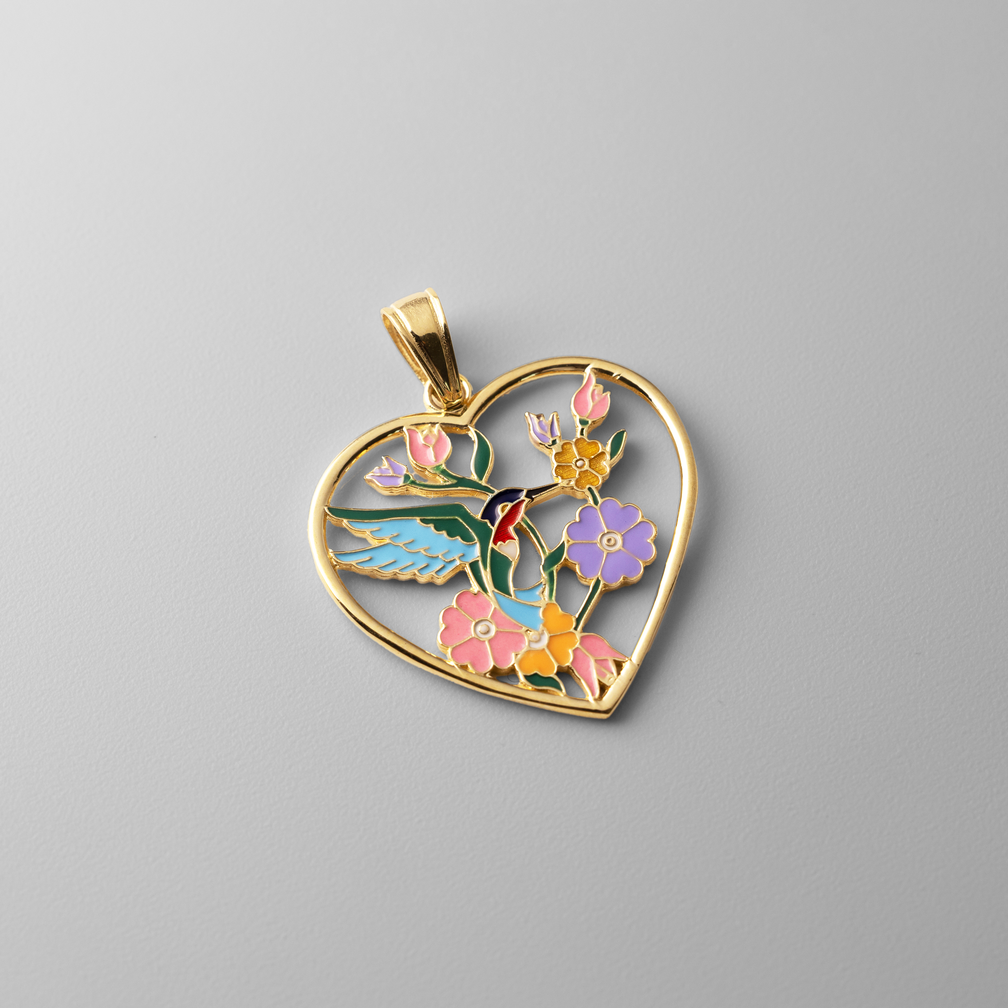 14K Gold Enameled Hummingbird & Floral Heart Charm Pendant - Elegant Jewelry Gift for Women, Perfect for Valentine's Day, Anniversary & Special Occasions