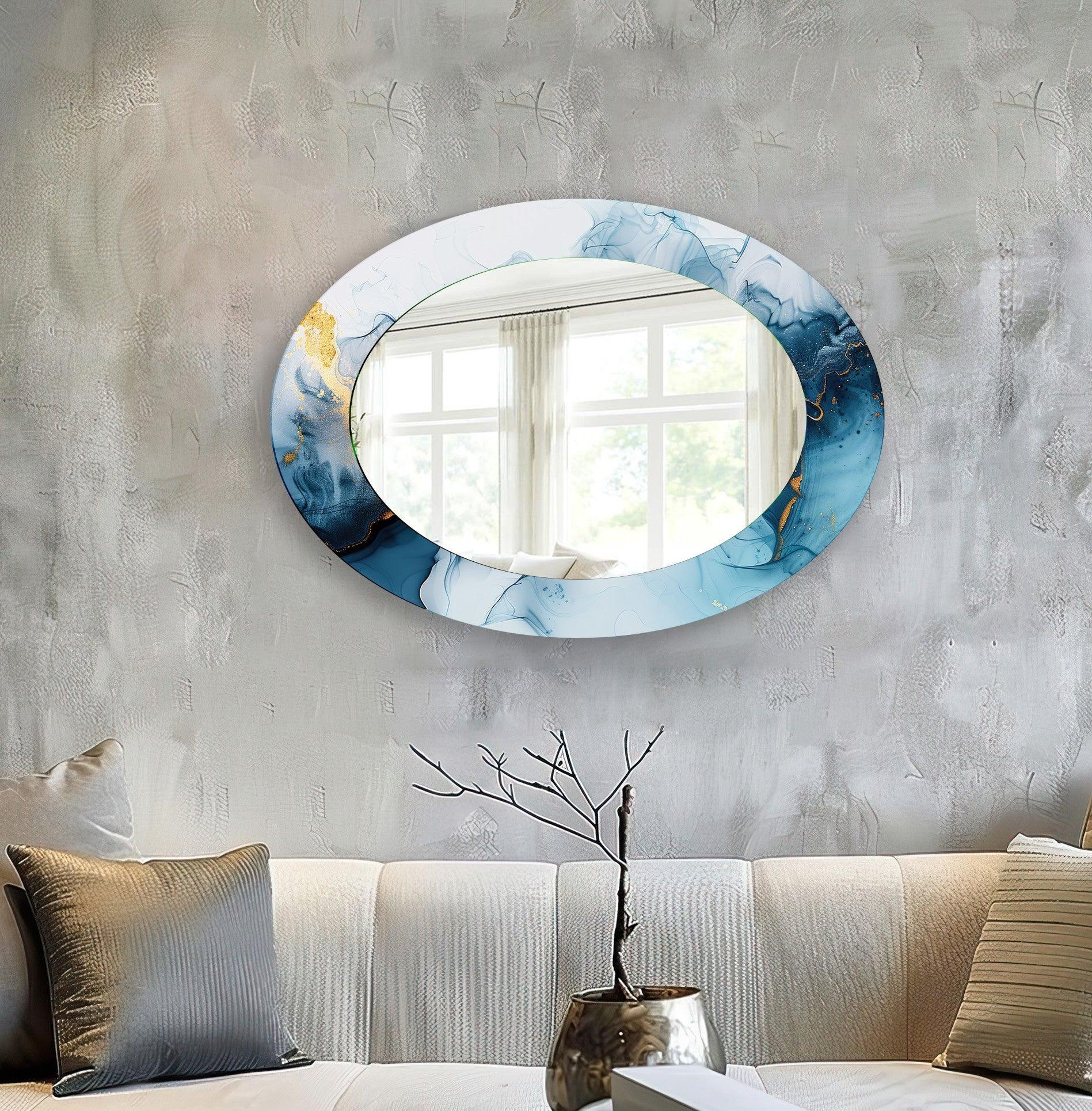Blue and Gold Modern Oval Wall Mirror - Elegant Home Decor for Living Room, Bedroom & Entryway - Perfect for Adding Style and Light to Any Space