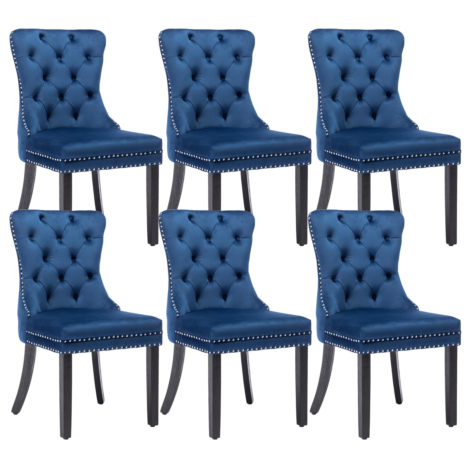 Luxury Velvet Dining Chairs Set of 6 - Modern Upholstered Tufted Kitchen Chairs with Nailhead Trim & Solid Wood Legs, Nikki Collection in Elegant Blue | Perfect for Dining Room, Kitchen, and Entertaining Guests