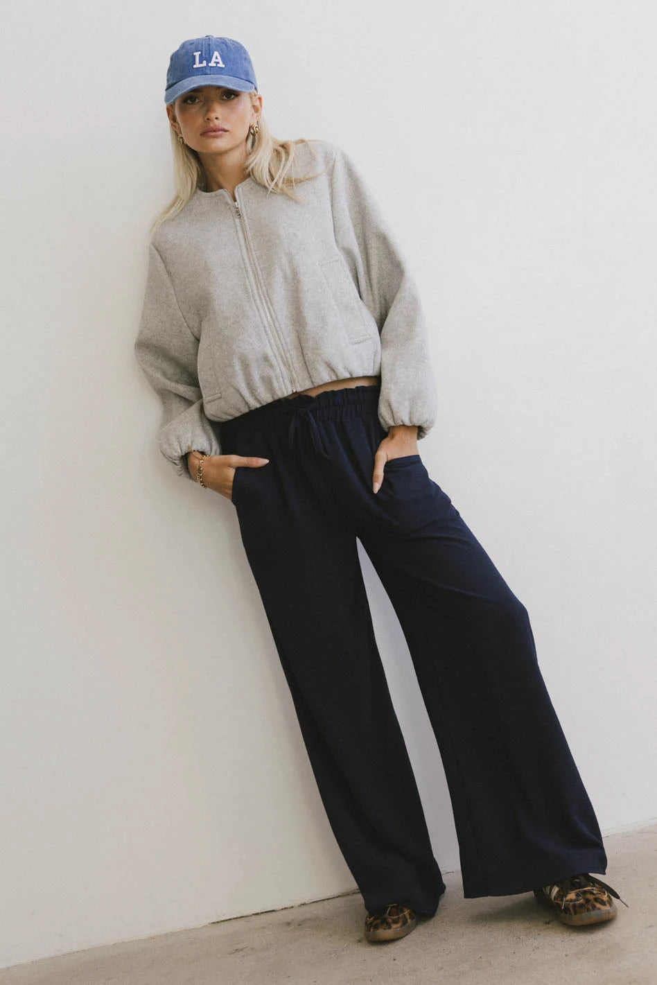 Mina High Waist Wide Leg Pants for Women - Navy Blue Linen Palazzo Trousers | Comfortable Office Wear & Summer Vacation Outfits