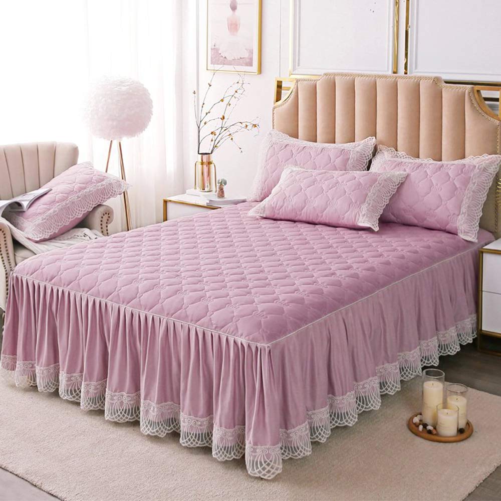 ZYZYZY Thick Microfiber Lace Trim Fitted Sheet with Bed Skirt - Queen King Size Options | Soft Skin-Friendly Bedding Set for Master Bedroom & Guest Room Decor