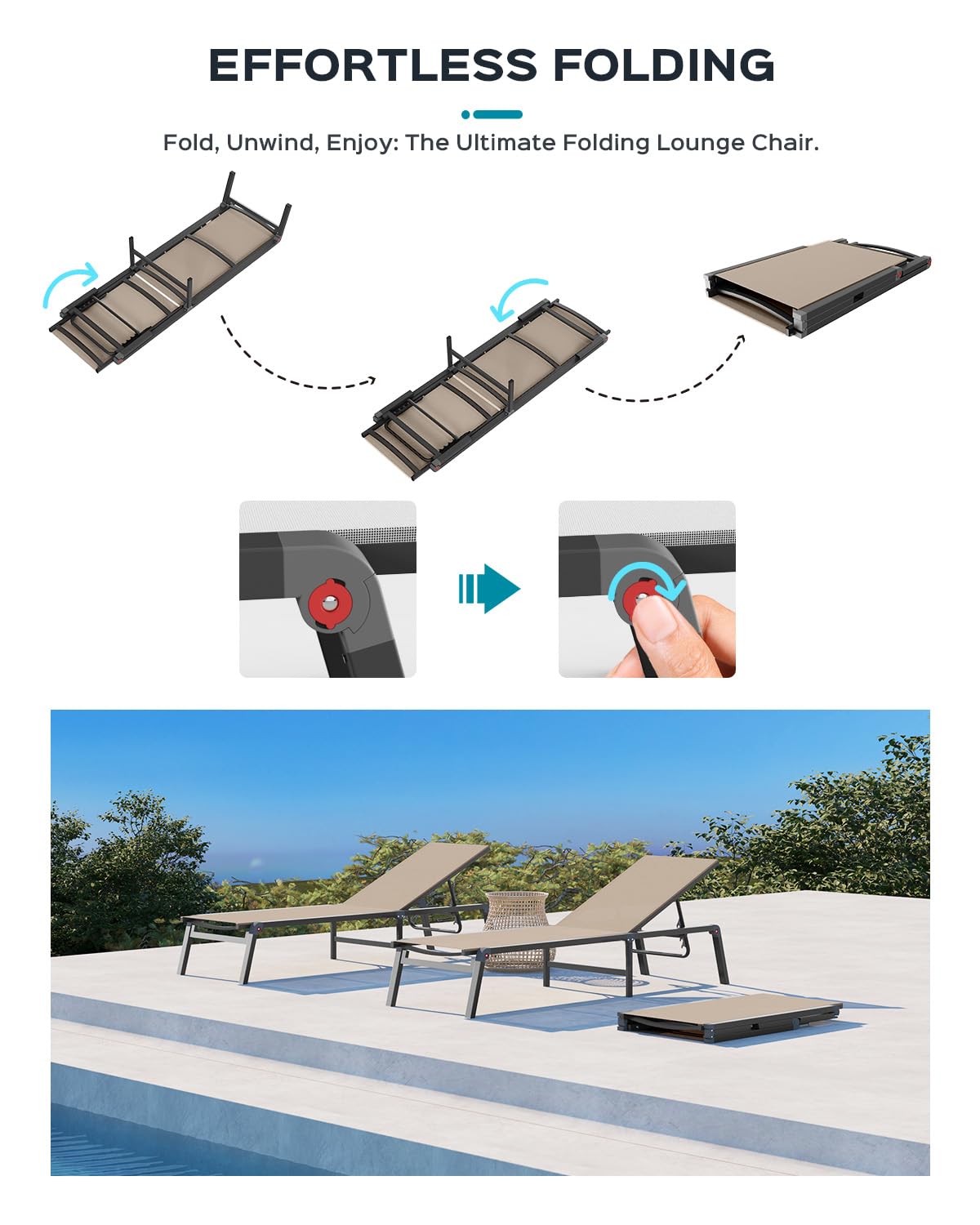 Foldable Aluminum Chaise Lounge Chair - 5 Adjustable Backrest Outdoor Patio Furniture for Poolside, Beach & Backyard Relaxation - Lightweight & Easy Assembly Free Design (Khaki) - Perfect for Sunbathing, Lounging by the Pool or Beach Vacation