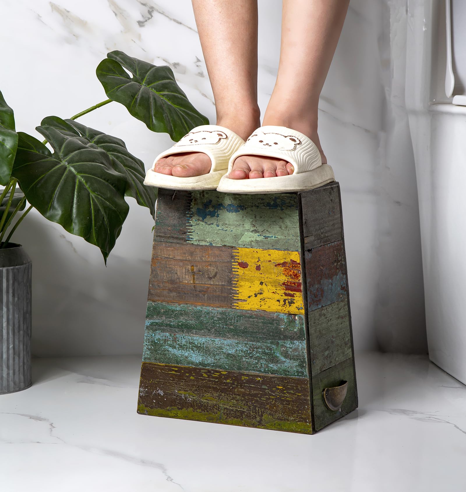 TIMRIS Small Wood Trash Can - Farmhouse Rectangular Waste Basket with Metal Handles, Rustic Distressed Boho Wooden Recycling Bin for Kitchen, Bathroom, Office & Living Room - Reclaimed Wood Storage Basket (Random)