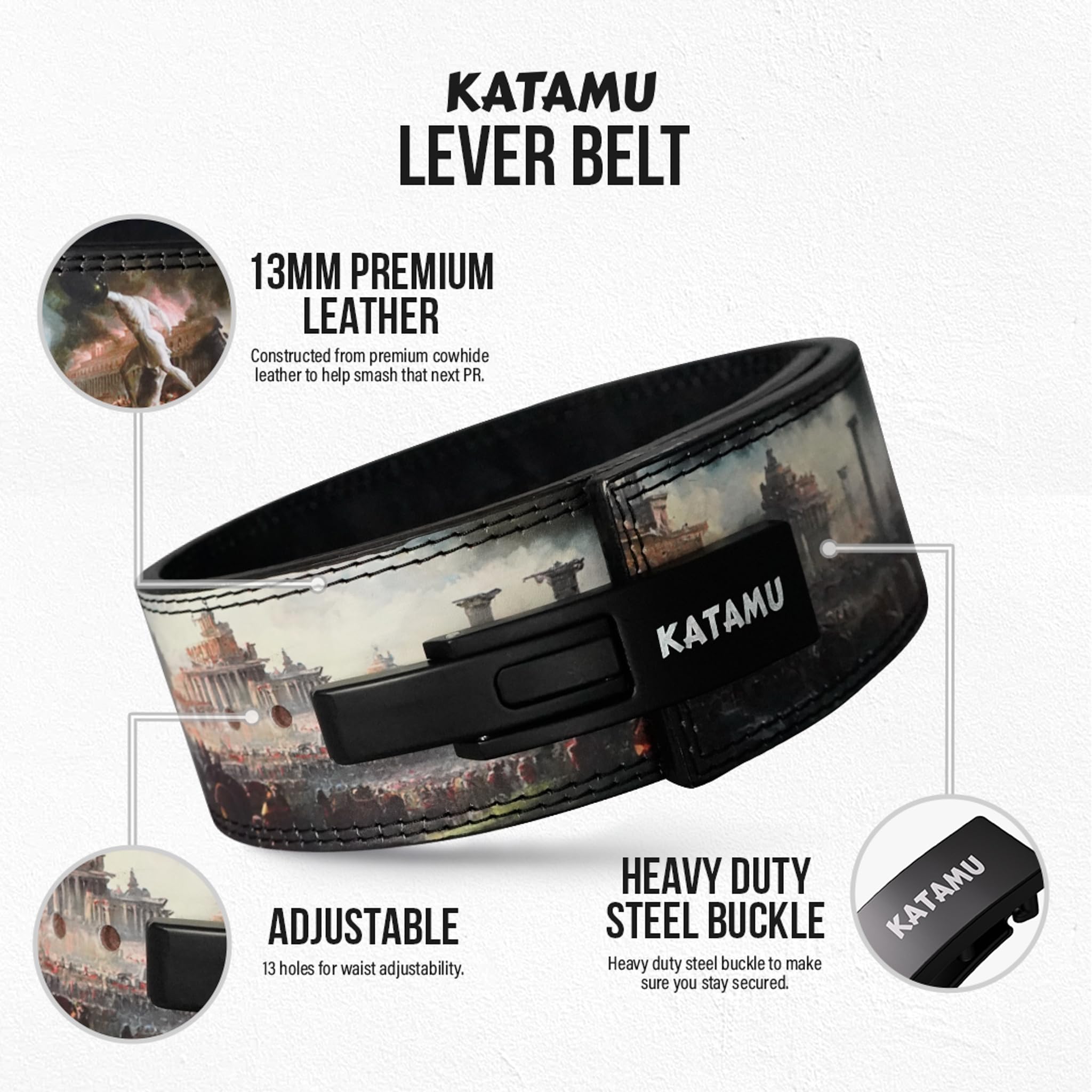Katamu Premium Leather Lever Weight Lifting Belt for Men & Women - Powerlifting, CrossFit, Gym Workout Belt - Heavy Duty Support for Deadlifts, Squats & Weight Training - Adjustable Fitness Belt for Strength Training