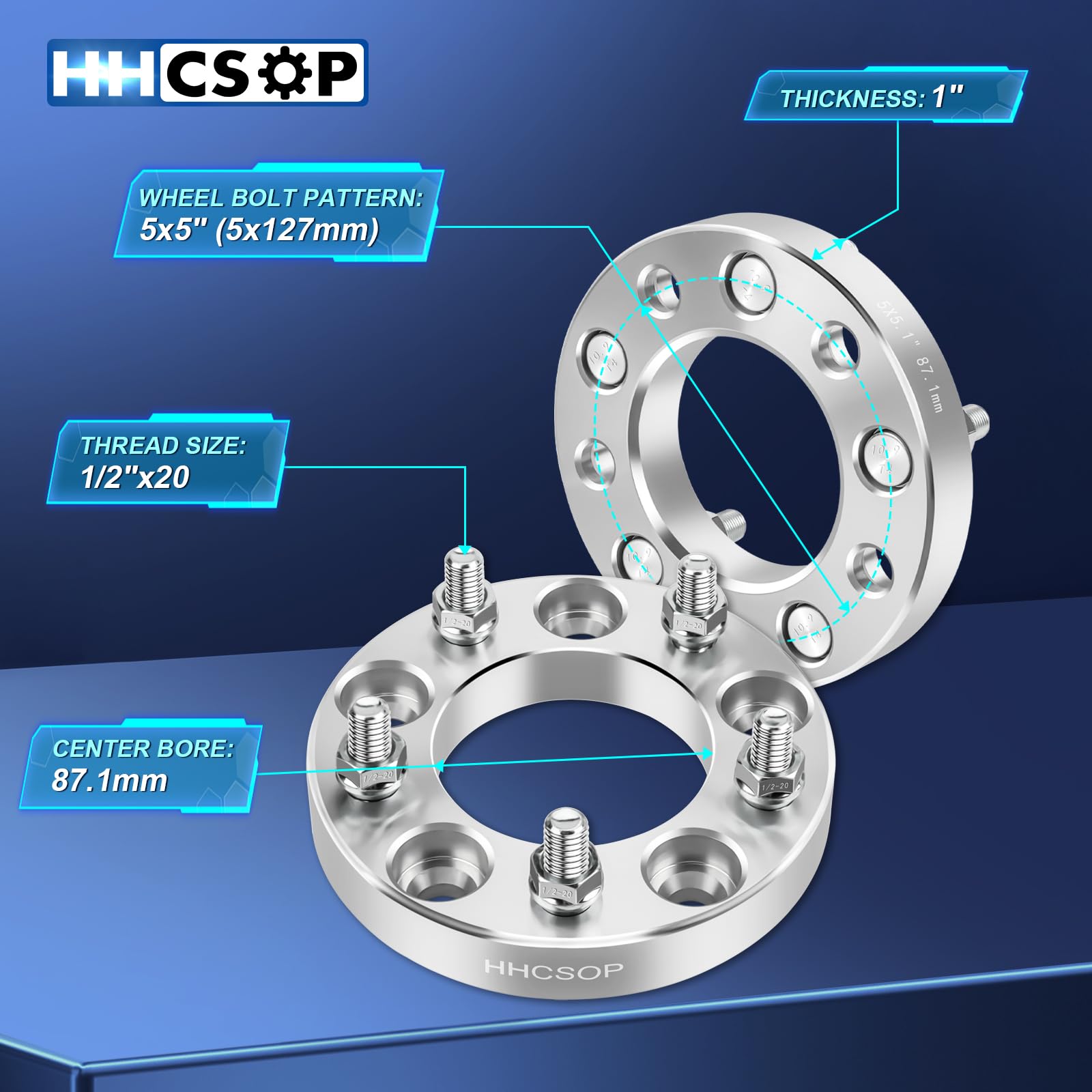 5x5 Wheel Spacers 1 Inch (2PCS) - Compatible with Jeep Grand Cherokee, Wrangler, Commander - 5x127 Wheel Adapters with 87.1mm Hub Bore & 1/2x20 Studs - Enhance Off-Road Performance & Vehicle Stance