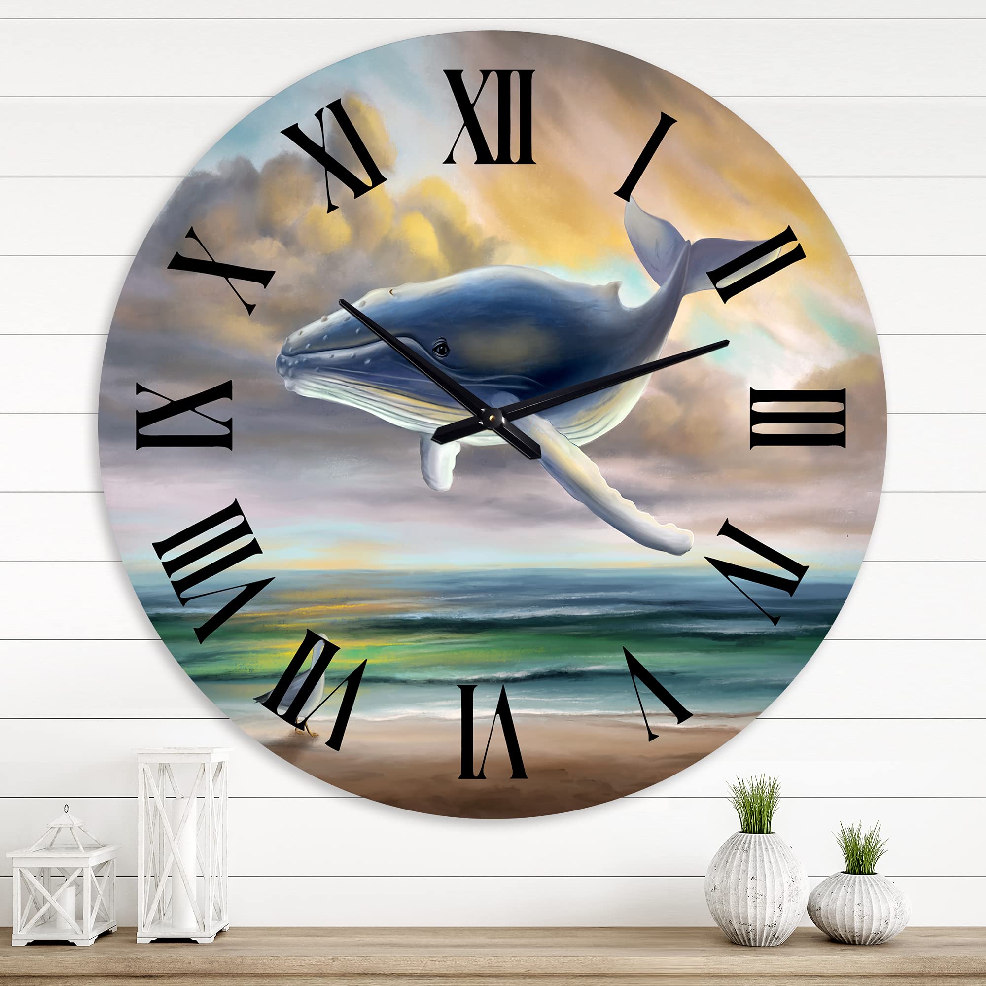 DesignQ Kids' Whale in The Sky Wall Clock - Large Landscape & Nature Themed Wall Decor for Children's Room, Playroom & Nursery | Perfect for Home, Classroom & Office Decor