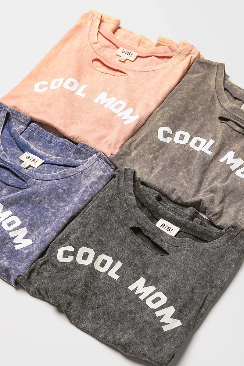 Stylish BiBi Washed Laser Cut Detail Cool Mom Print Top - Trendy Women's Casual T-Shirt for Everyday Wear, Outings & Family Gatherings
