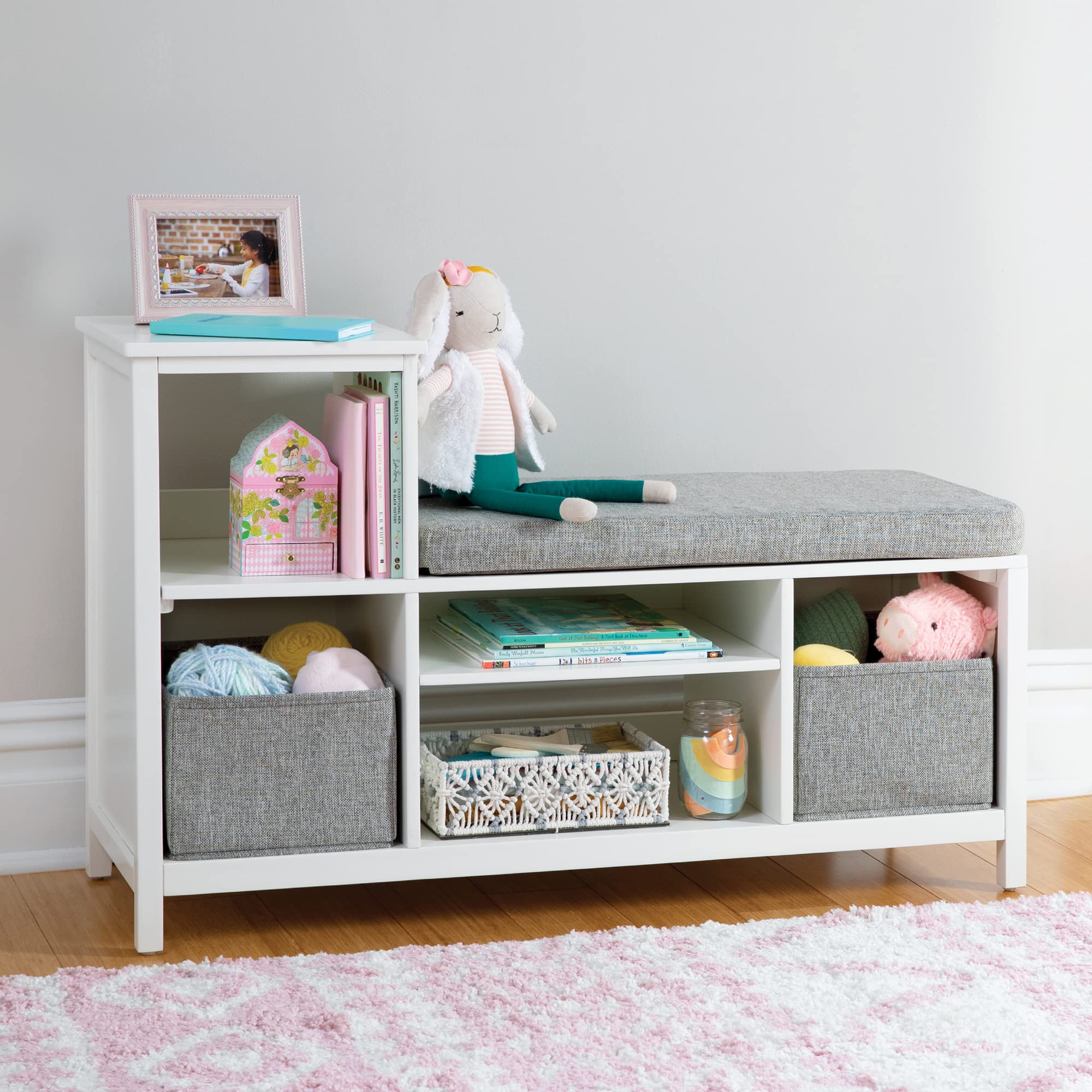 Martha Stewart Kids' Jr. Reading Nook with Storage Bins - Creamy White Wooden Bookshelf & Bench with Open Shelves for Toys, Games, Books | Perfect for Toddler Bedroom, Playroom & Nursery Organization