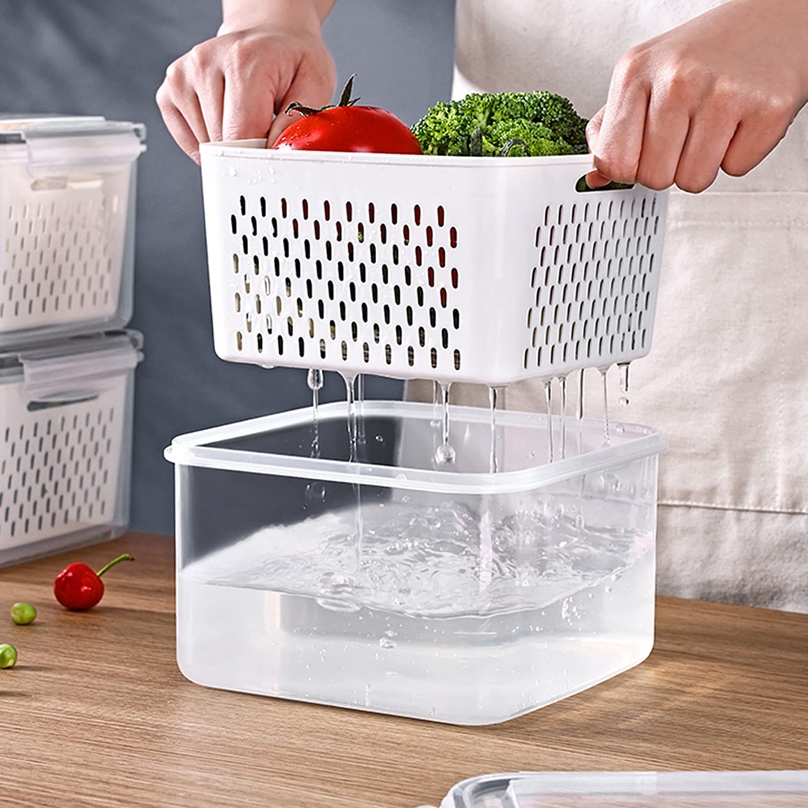 4-Pack Large BPA-Free Plastic Food Storage Containers with Lids & Strainer - Airtight Fridge Organizers for Fruits, Vegetables, Berries & Meat - Keep Produce Fresh Longer - Perfect for Meal Prep, Kitchen Organization & Refrigerator Storage