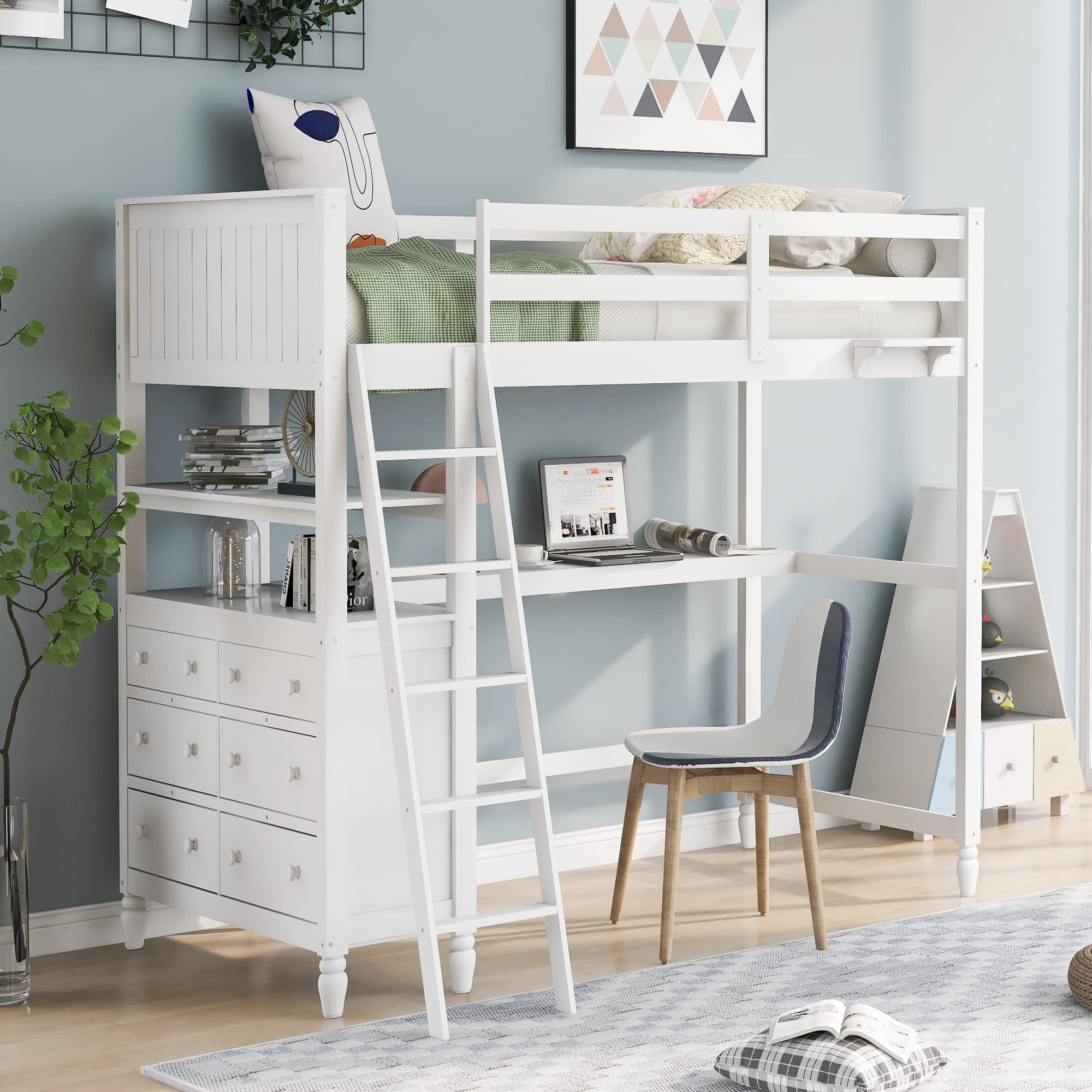 **Solid Wood Twin Loft Bed with Desk for Kids - 3 Drawers & 3 Storage Shelves, Multi-Functional Study & Sleep Space with Ladder & Guardrails (White) - Perfect for Small Bedrooms & Dorm Rooms**