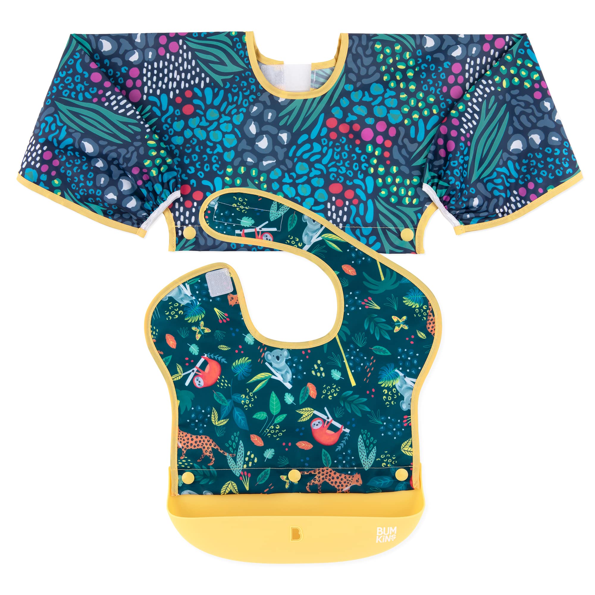 Bumkins Silicone Baby Bibs for Girls & Boys 6-24 Months - Waterproof Feeding Bib with Attachable Pocket & Long Sleeves - Essential for Mess-Free Mealtime, Travel & Daycare Use - Jungle Print Design