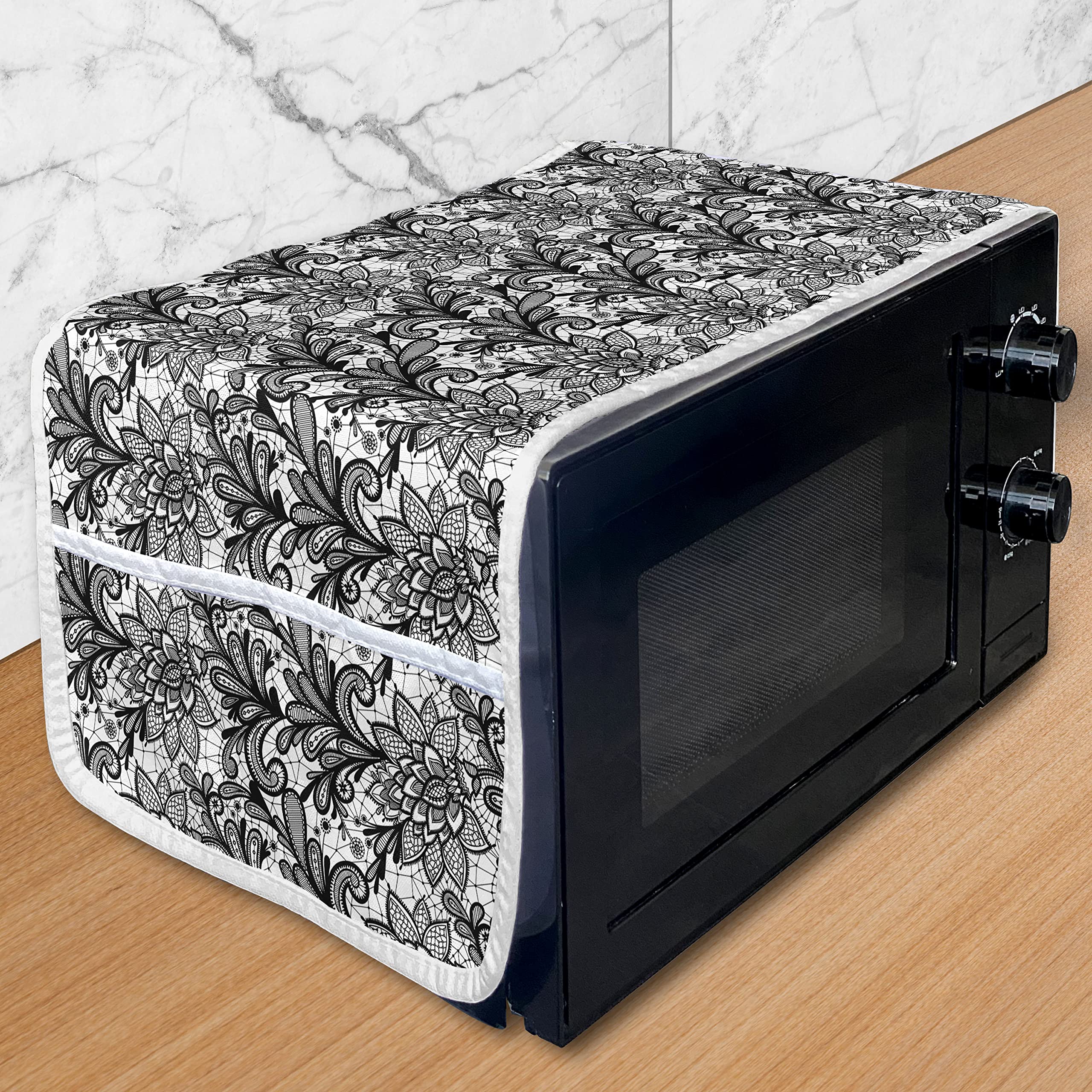 Ambesonne Black and White Microwave Cover - Vintage Victorian Lace Style with Floral Leaf Pattern - Waterproof Kitchen Organizer with Pockets - 36