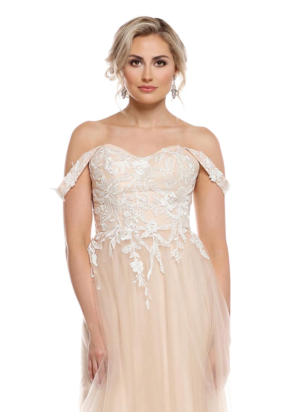 Elegant Off-The-Shoulder Tulle A-Line Bridesmaid Dress with Lace Bodice - Perfect for Weddings, Formal Events & Special Occasions