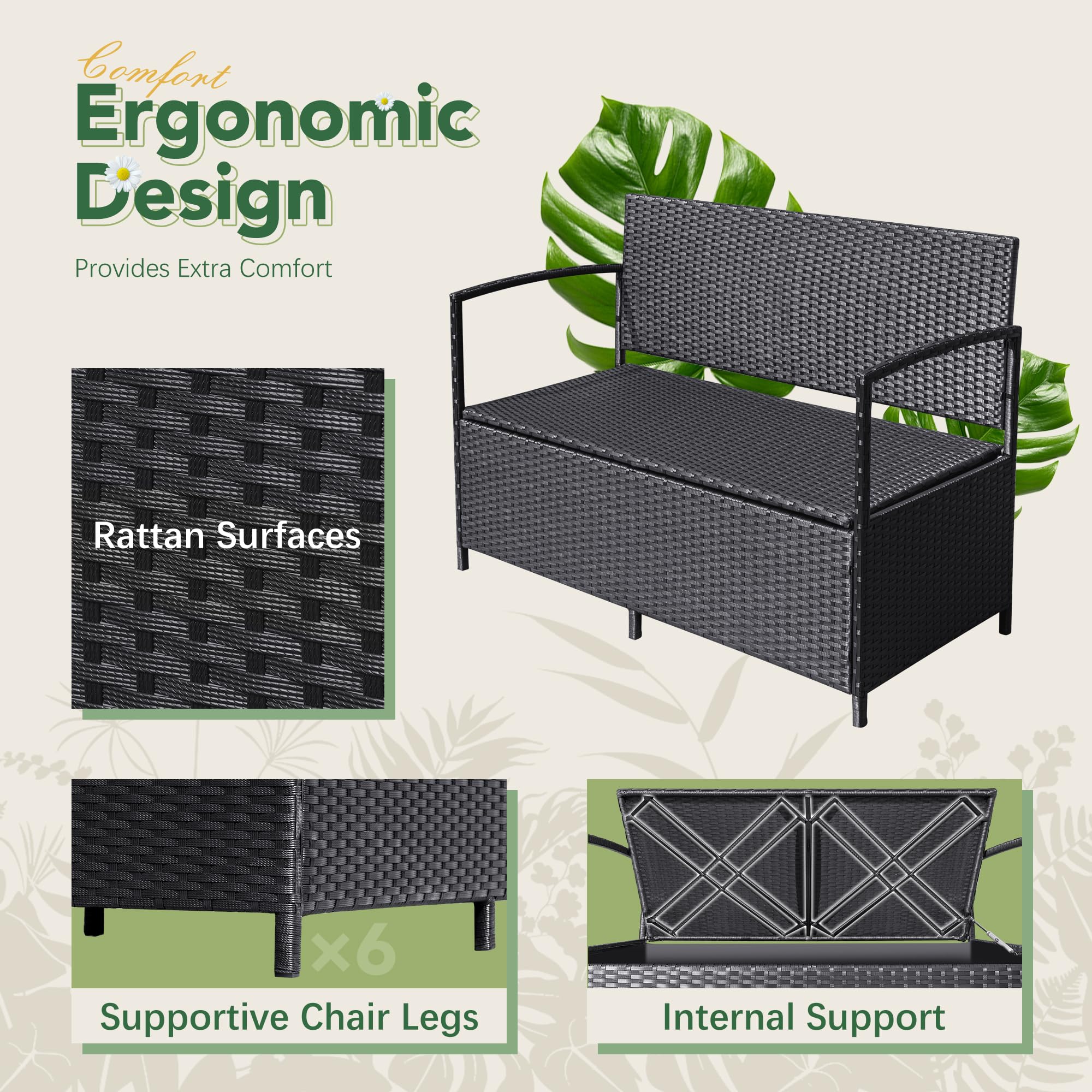 Flamaker All-Weather Wicker Patio Loveseat - Outdoor Rattan Conversation Bench with Storage & Cushions - Perfect for Backyard, Porch, Garden & Poolside Relaxation (Black)