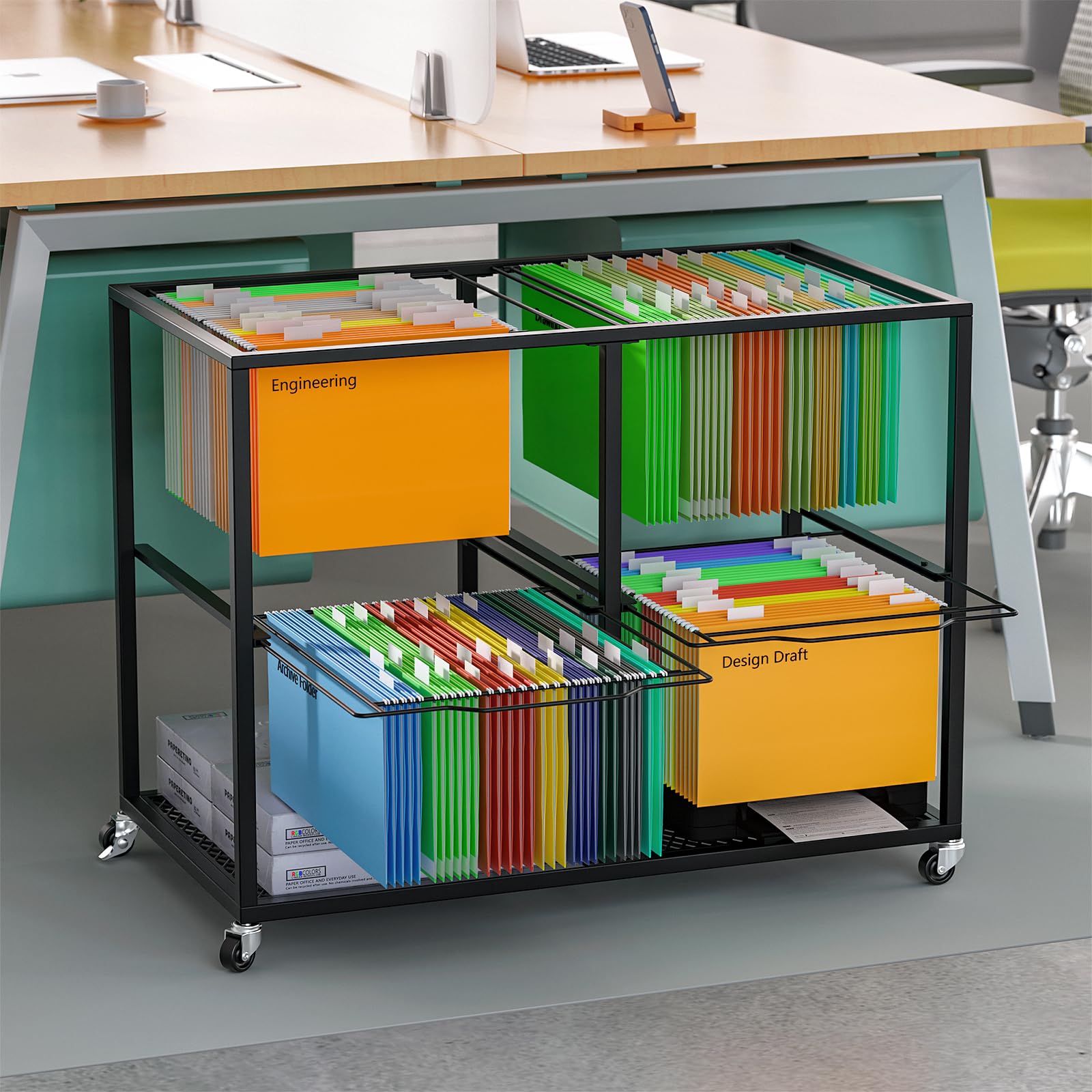 2-Tier Steel Wire File Cart with Wheels - Hanging & Pull-Out File Organizer, Movable Rolling File Cabinet for Office (33.66x18.11x25 in) - Perfect for Document Storage, Office Organization & Mobile Filing Systems