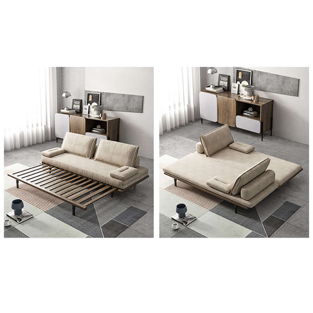 MidCentury Modern Pull Out Sofa Bed - Convertible Sleeper Sofa with Khaki Wood Frame in Cotton & Linen Fabric | Perfect for Small Spaces, Guest Rooms & Apartments