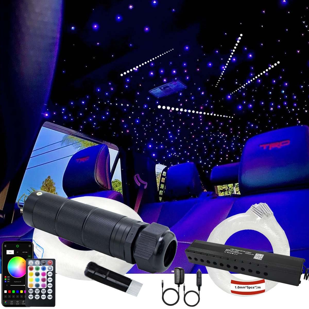 AZIMOM 6W RGBW Fiber Optic Meteor Ceiling Light Kit - 450pcs 0.03in Fiber Strands with Bluetooth/APP Control - Car Starlight Headliner & Home Decor for Bedroom, Theater, Party Lighting