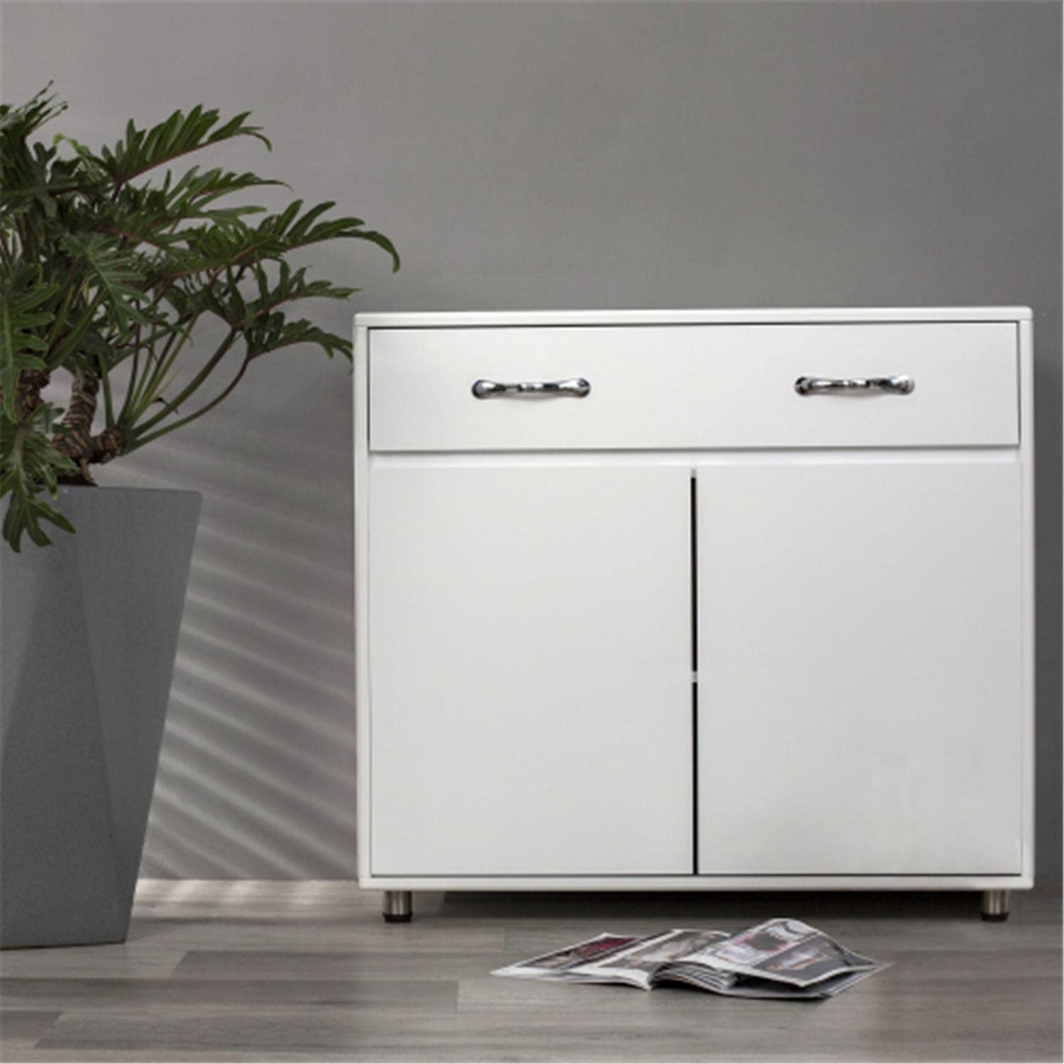 Modern White Wooden Sideboard Kitchen Storage Cabinet with Large Drawer & 2 Doors - Buffet Cupboard for Entryway, Living Room & Bedroom | Space-Saving Organizer for Dining Room, Hallway & Home Office