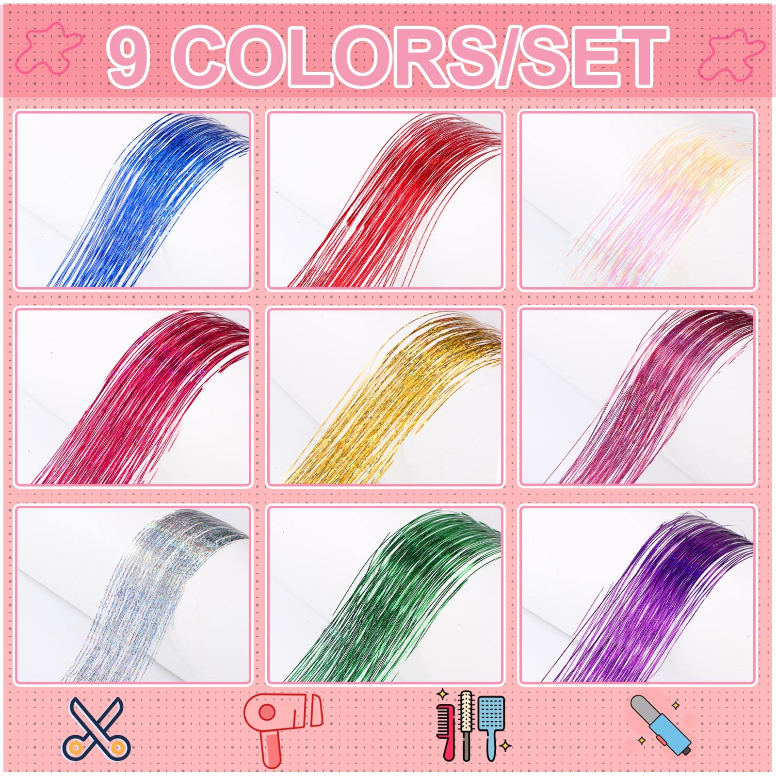 Panelee 36 Pcs 19.7 Inch Clip-in Hair Tinsel Extensions Kit - Heat Resistant Glitter Hair Accessories for Women (Retro Colors) | Perfect for Parties, Concerts, Festivals & Special Occasions