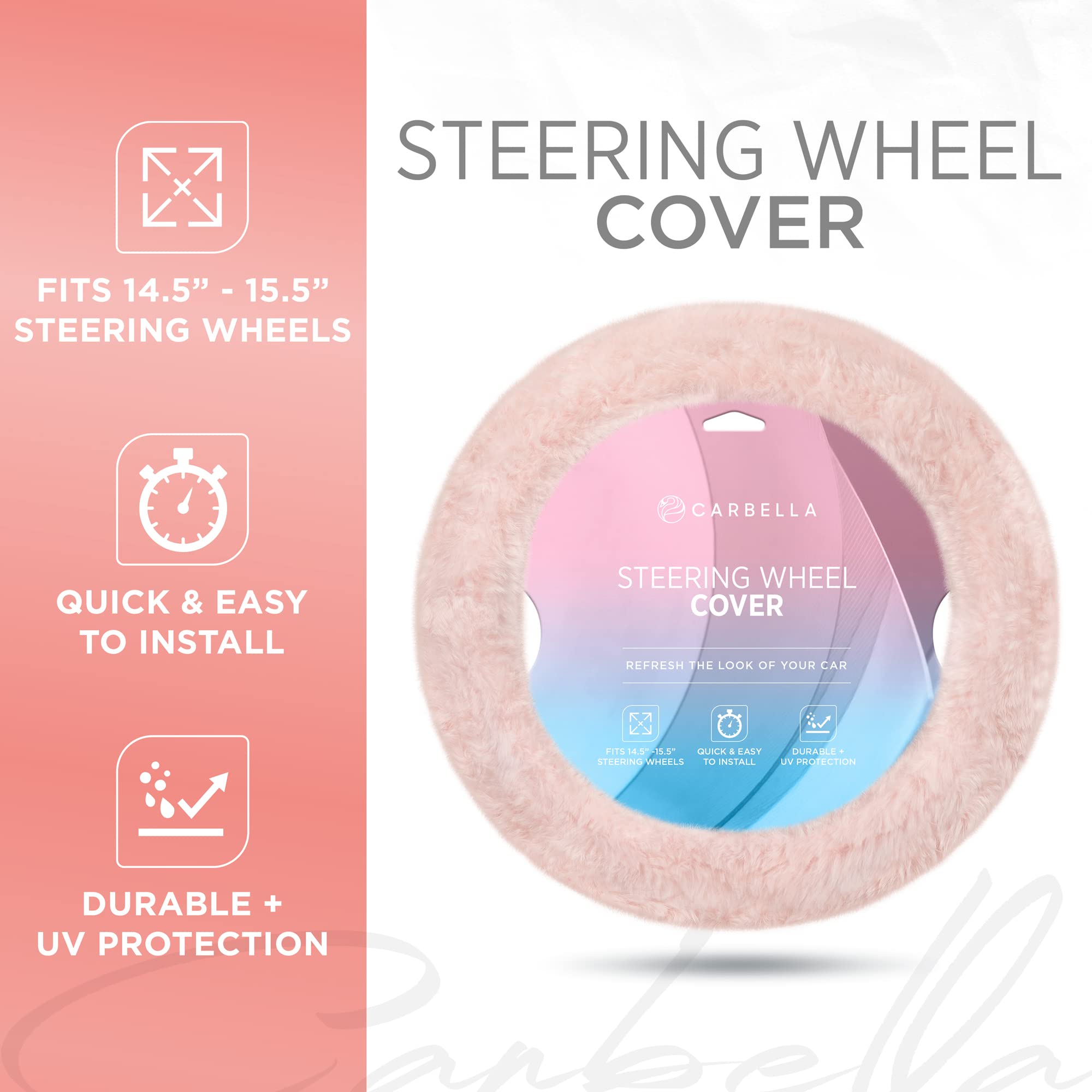 Soft Pink Fuzzy Steering Wheel Cover - Standard 15 Inch Universal Fit for Most Cars, Cute Faux Fur Steering Wheel Protector with Plush Fluffy Touch - Perfect Car Accessory for Women - Great for Winter Driving & Stylish Interior Upgrade