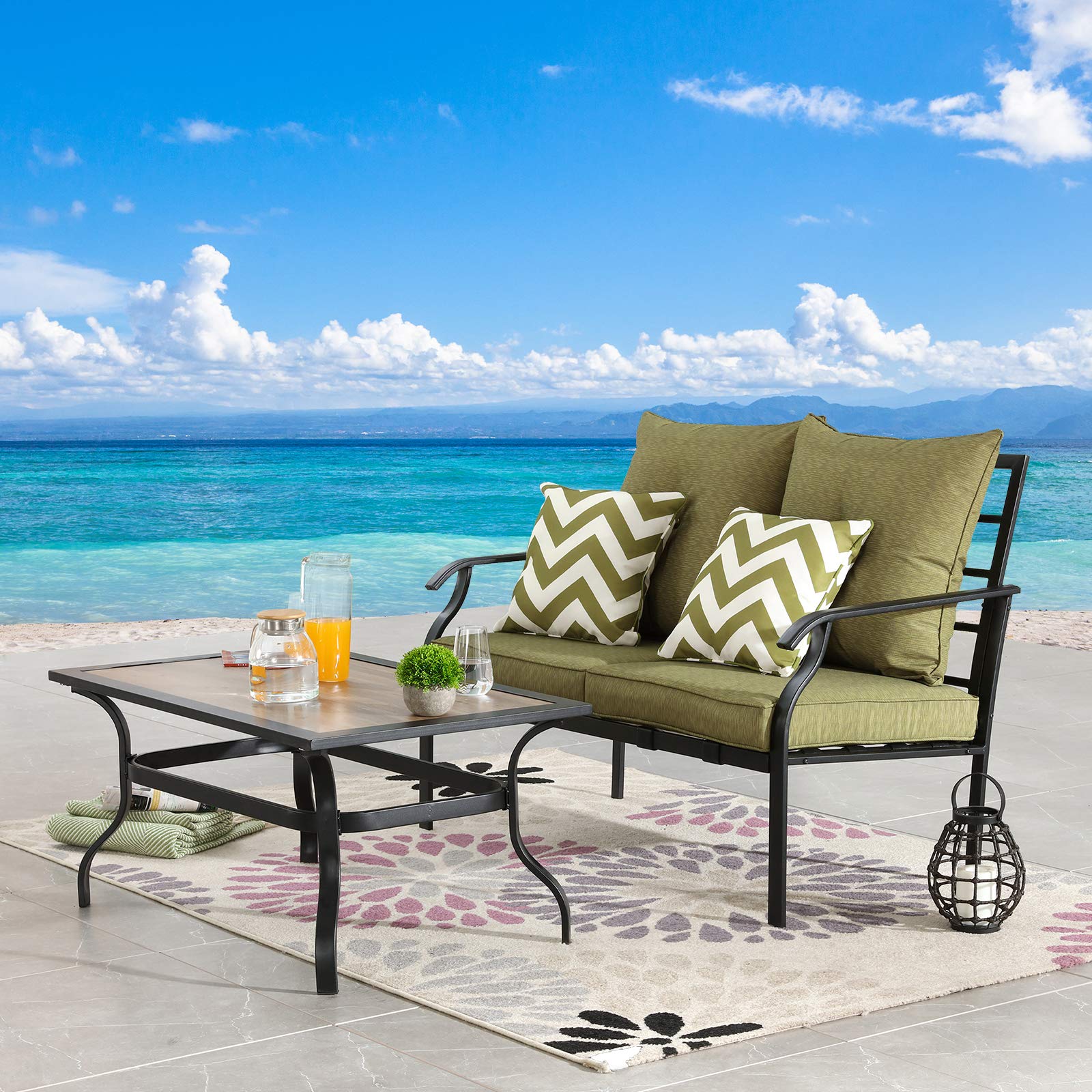2-Piece Patio Conversation Set with Loveseat, Cushions, Pillows & Coffee Table - Outdoor Metal Garden Furniture for Backyard, Porch (Green) | Perfect for Relaxing, Entertaining & Outdoor Gatherings