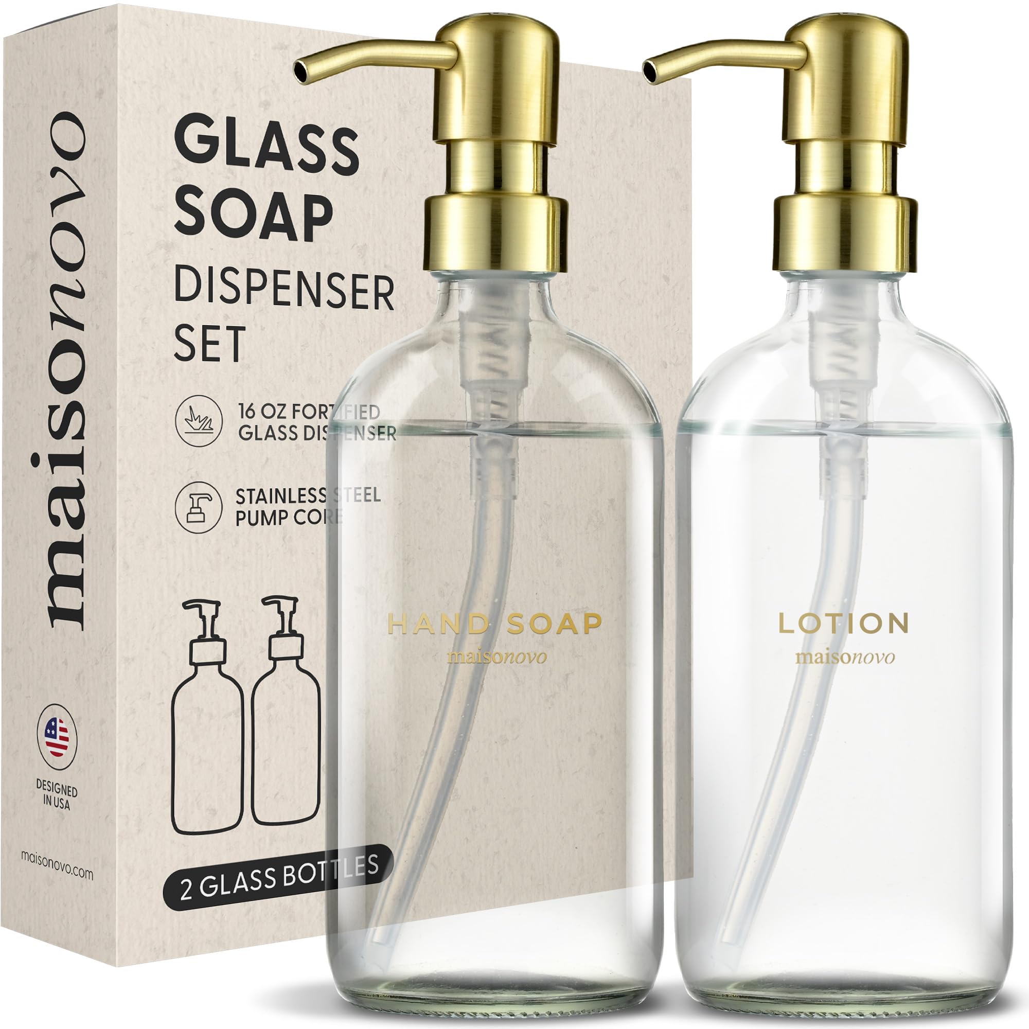 MaisoNovo 2-Piece Soap Dispenser Set - 16.9oz Clear Glass Bottles with Gold Stainless Steel Pumps for Bathroom, Kitchen & Vanity Countertop Decor