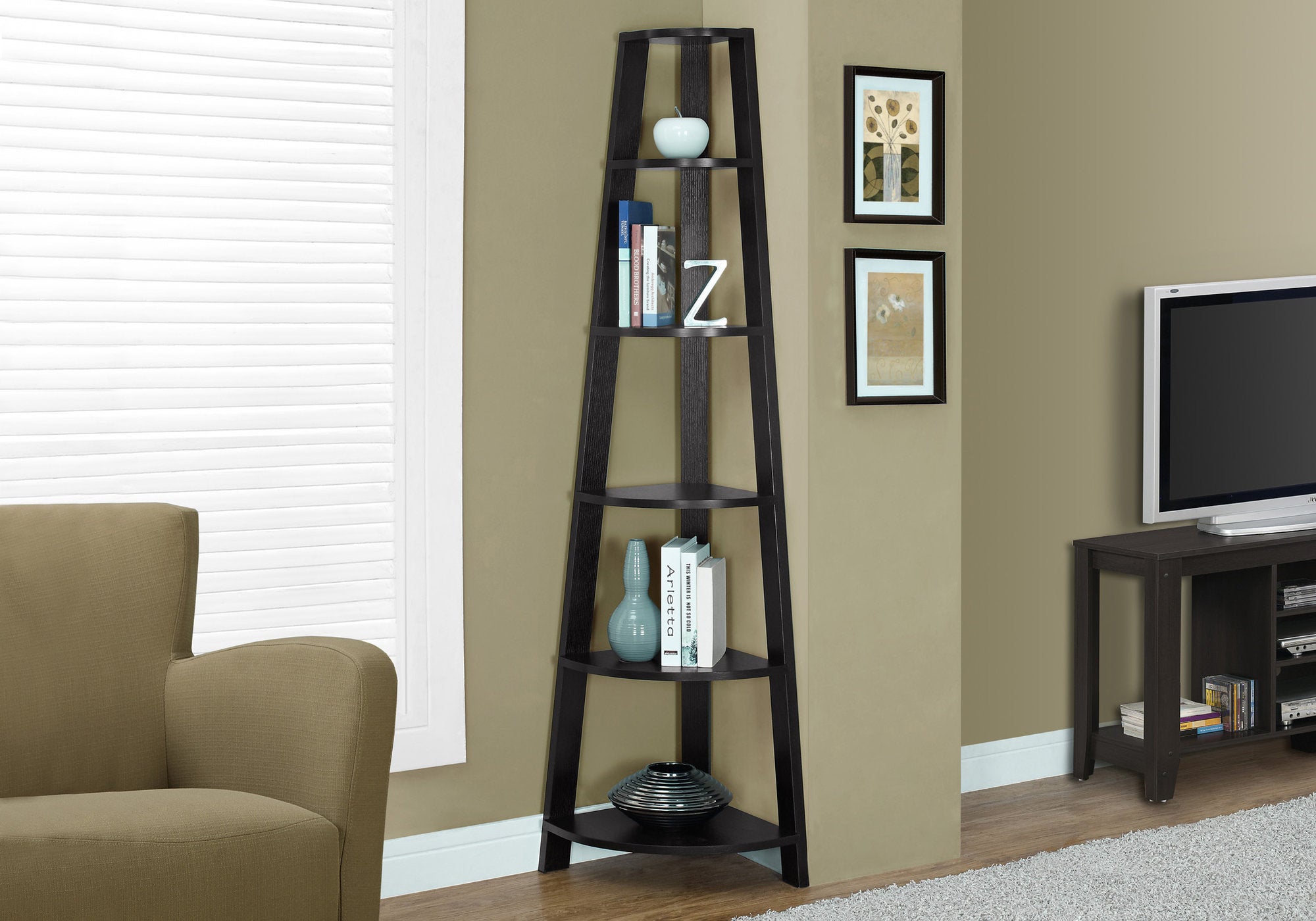 72H Cappuccino Corner Bookcase Shelf - Stylish Accent Etagere for Living Room, Bedroom & Office Storage
