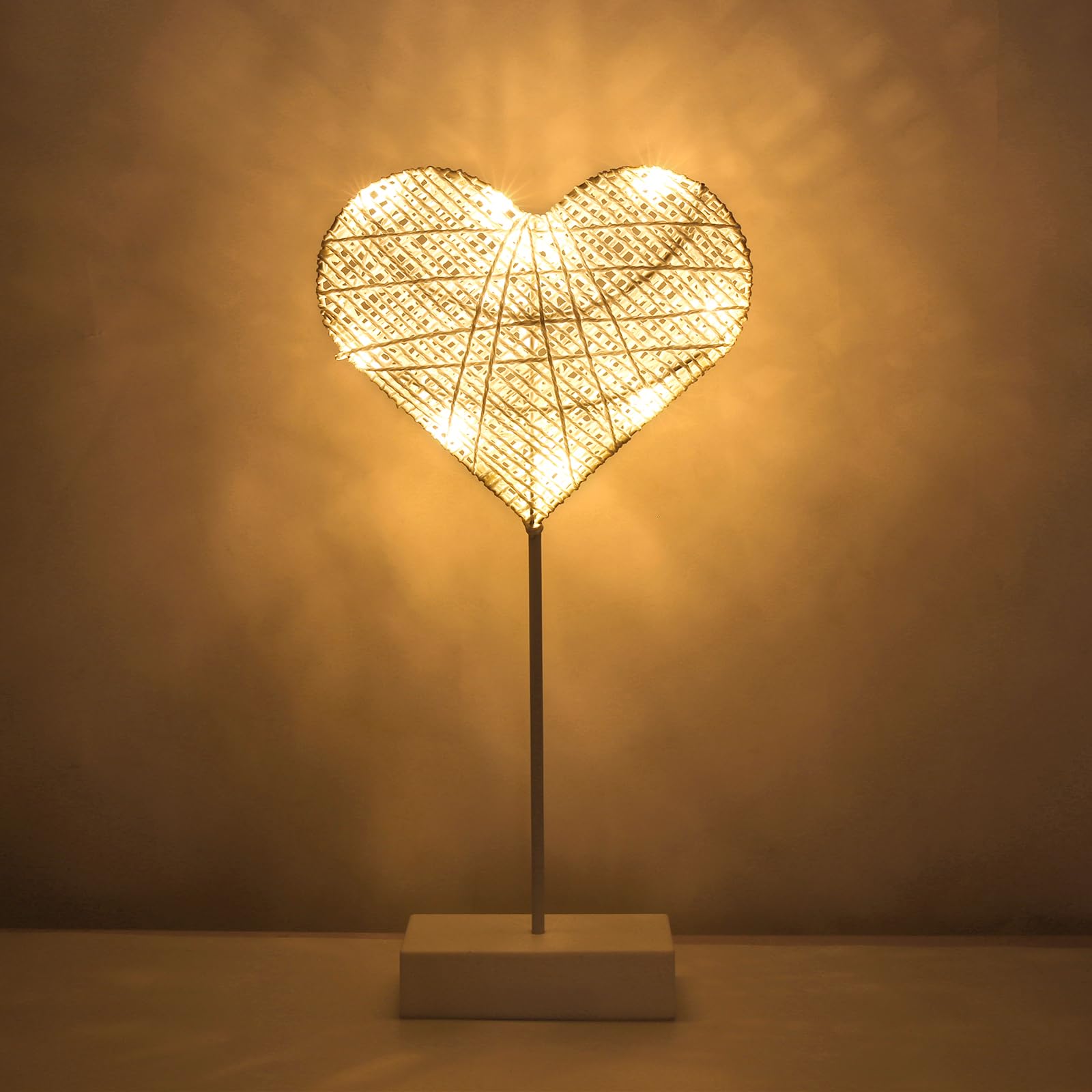 Romantic Heart-Shaped LED Table Lamp - Battery Powered Cotton Thread Night Light for Bedroom, Valentine's Day & Christmas Decor - Perfect for Bedside, Dorm Room, and Cozy Home Ambiance (White)