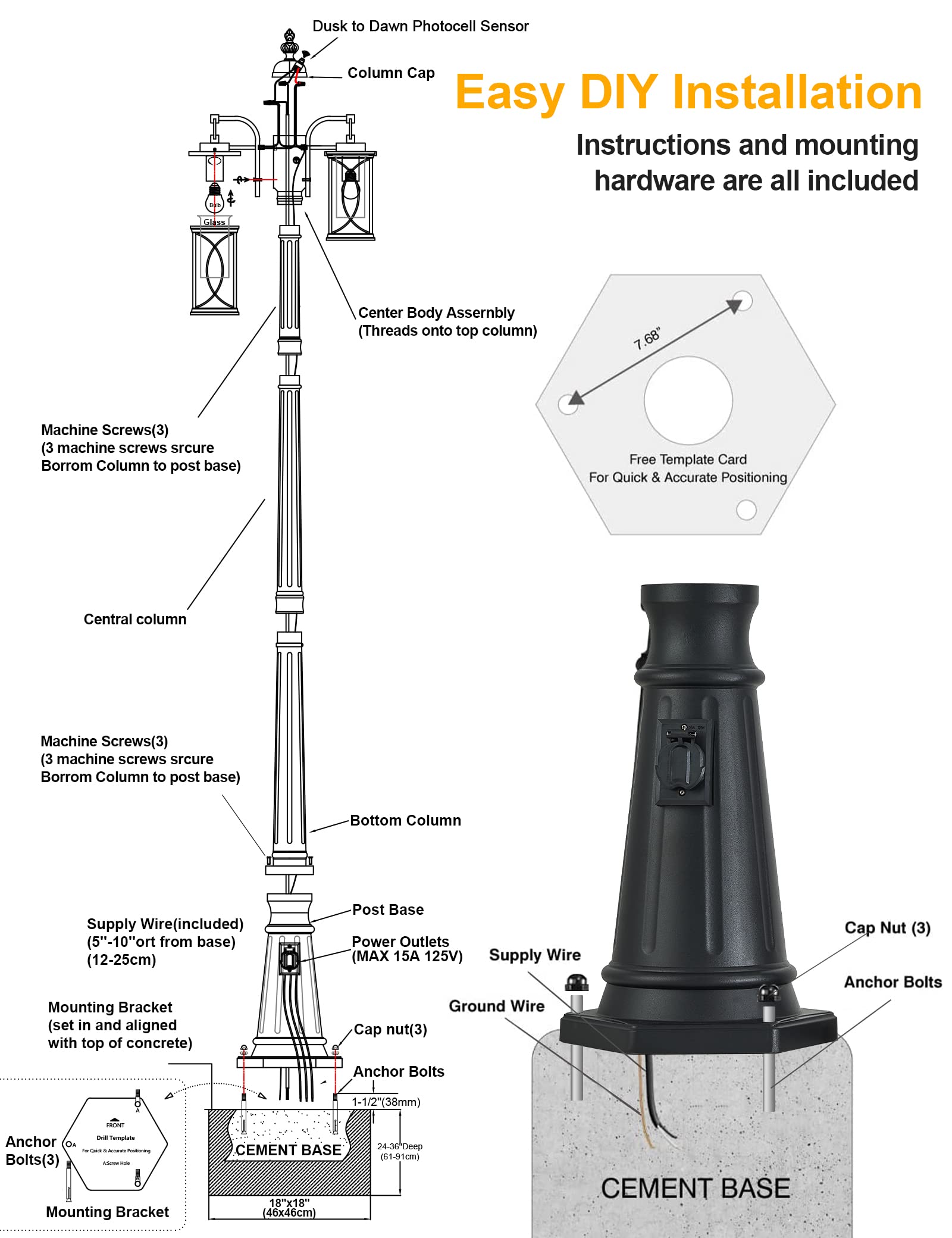 Dusk to Dawn Outdoor Lamp Post Light - Modern 2-Head Street Pole Light Fixture with Outlet, Waterproof Black Exterior Light for Backyard, Garden, Patio & Driveway | Perfect for Landscape Lighting, Pathway Illumination & Home Security