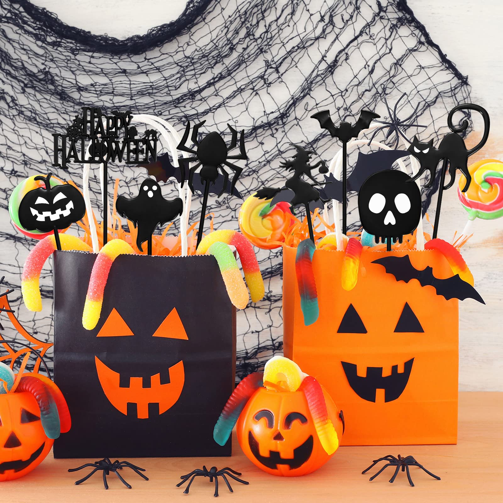 64 Pcs Halloween Cupcake Toppers - Plastic Ghost Picks for Party Decorations, Kids Birthday, Halloween Treats & Dessert Displays