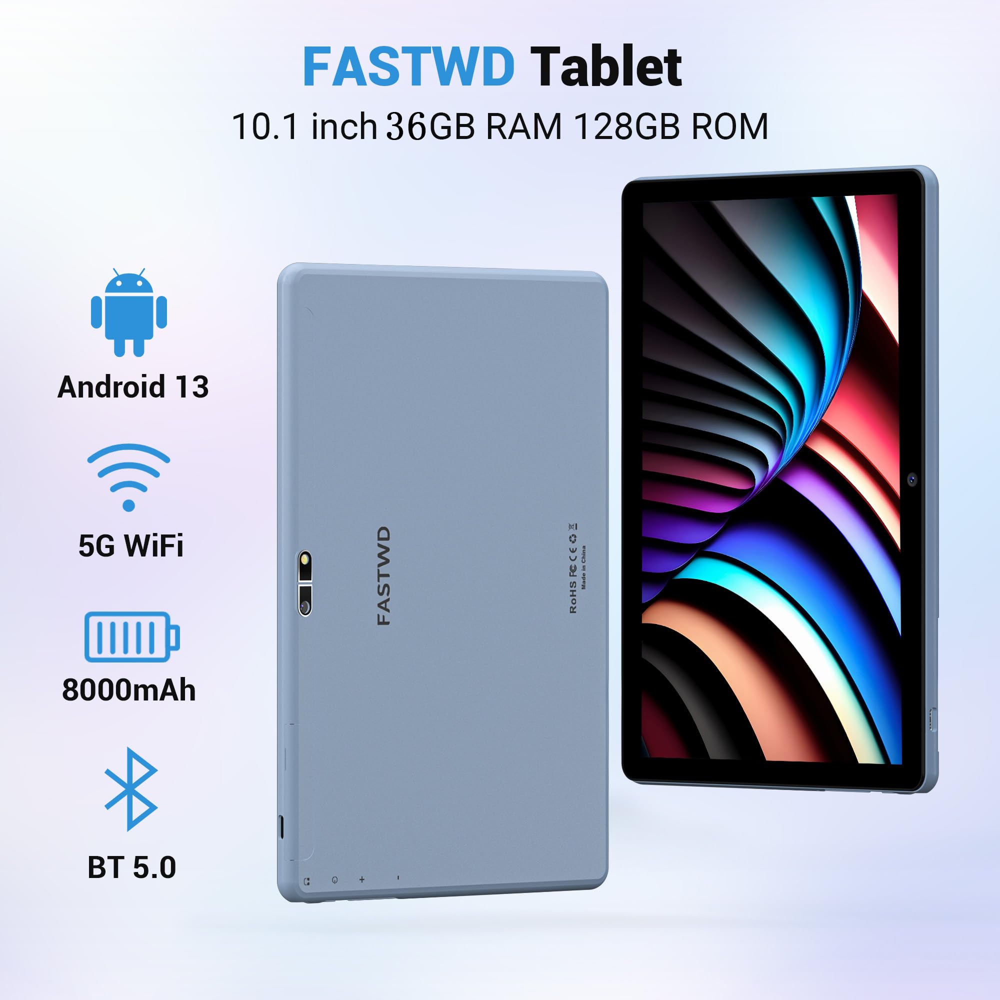 FASTWD 10 Inch Android 14 Tablet (2024 Model) - 5G WiFi Tablet PC with 36GB RAM & 128GB ROM (Expandable to 1TB), 8000mAh Battery, 2-in-1 Design Includes Keyboard, Stylus Pen & Mouse - Perfect for Work, Study & Entertainment (Blue)