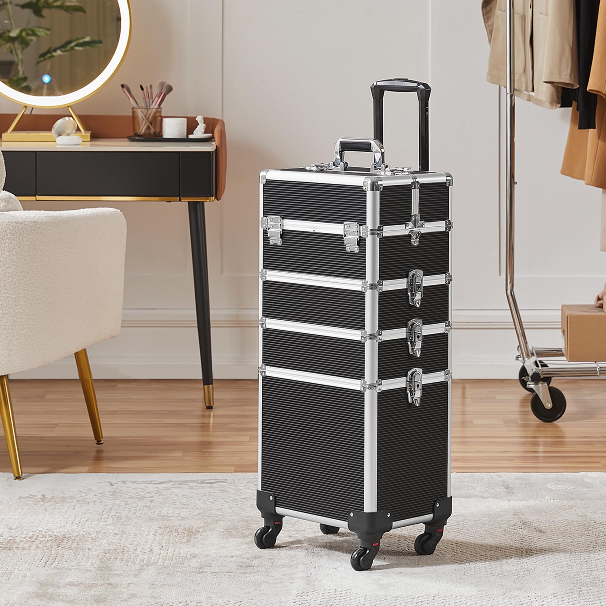 Yaheetech 5-in-1 Professional Makeup Train Case - Rolling Cosmetic Organizer with Wheels, Aluminum Beauty Travel Storage Case for Salon & Home Use (Black) | Perfect for Makeup Artists, Cosmetologists & Travel Beauty Essentials