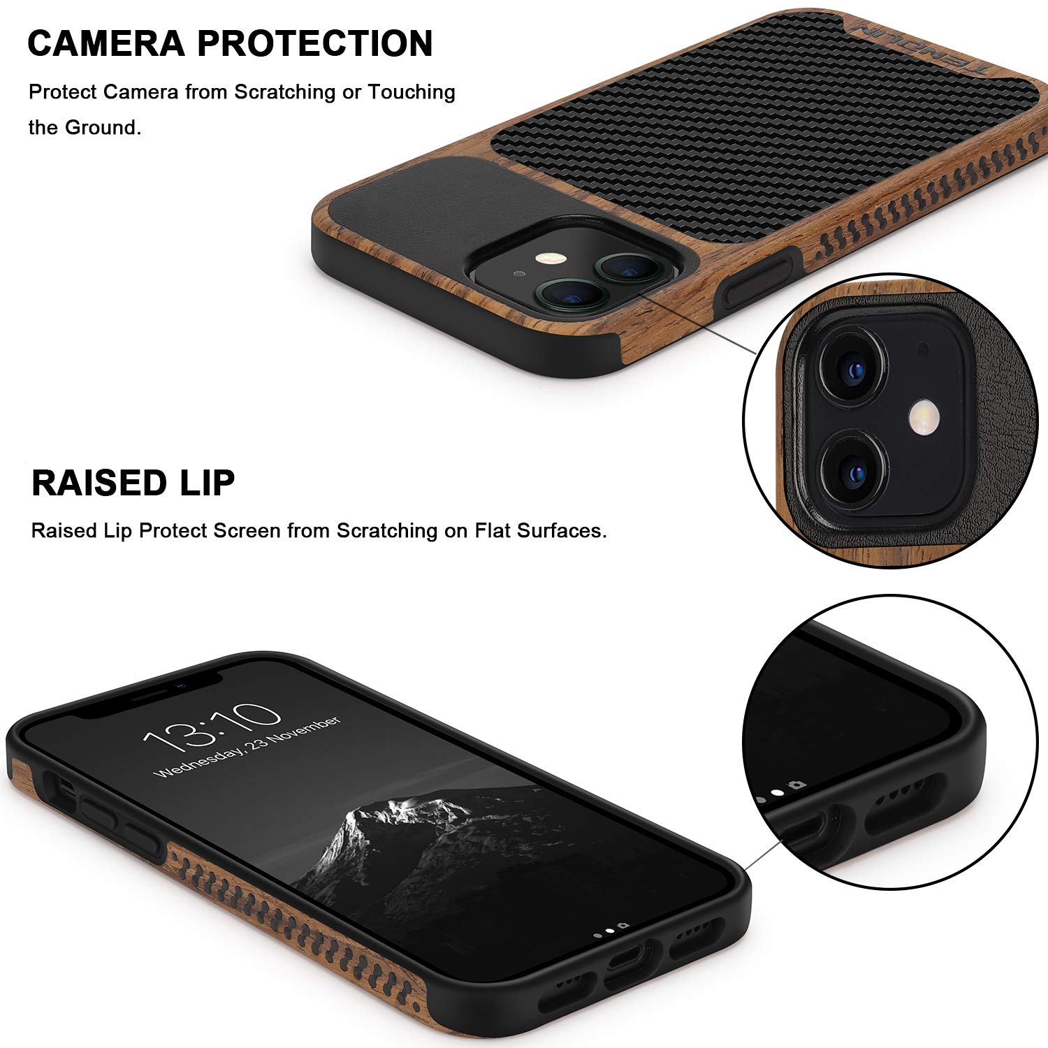Premium Wood Grain & Carbon Fiber Hybrid Case for iPhone 12/12 Pro - Slim Leather Protective Cover (Black) | Perfect for Business, Travel & Everyday Use
