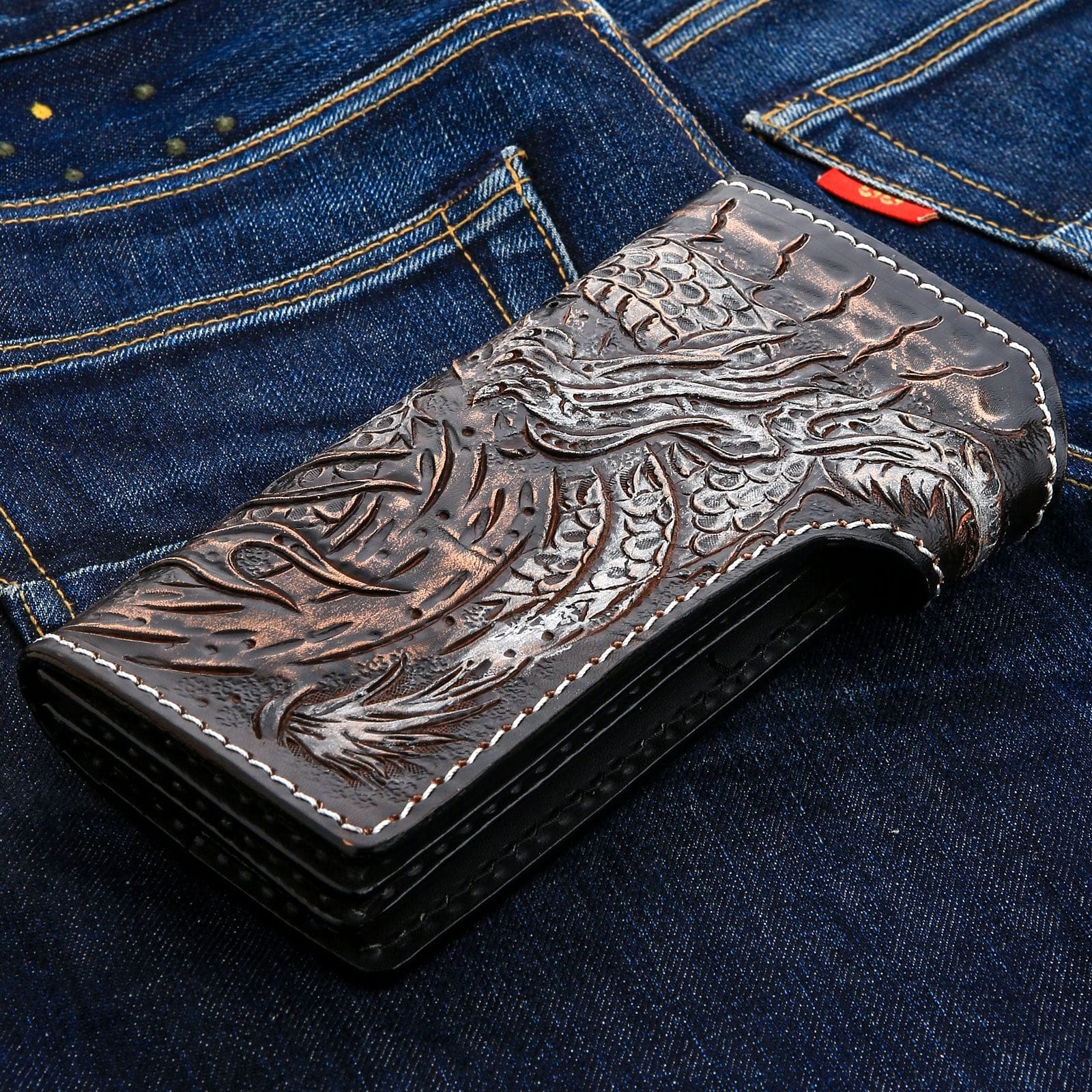 Premium Genuine Leather Biker Wallet for Men - RFID Blocking - Dragon Rider Design - Perfect for Motorcycle Enthusiasts & Gift Giving