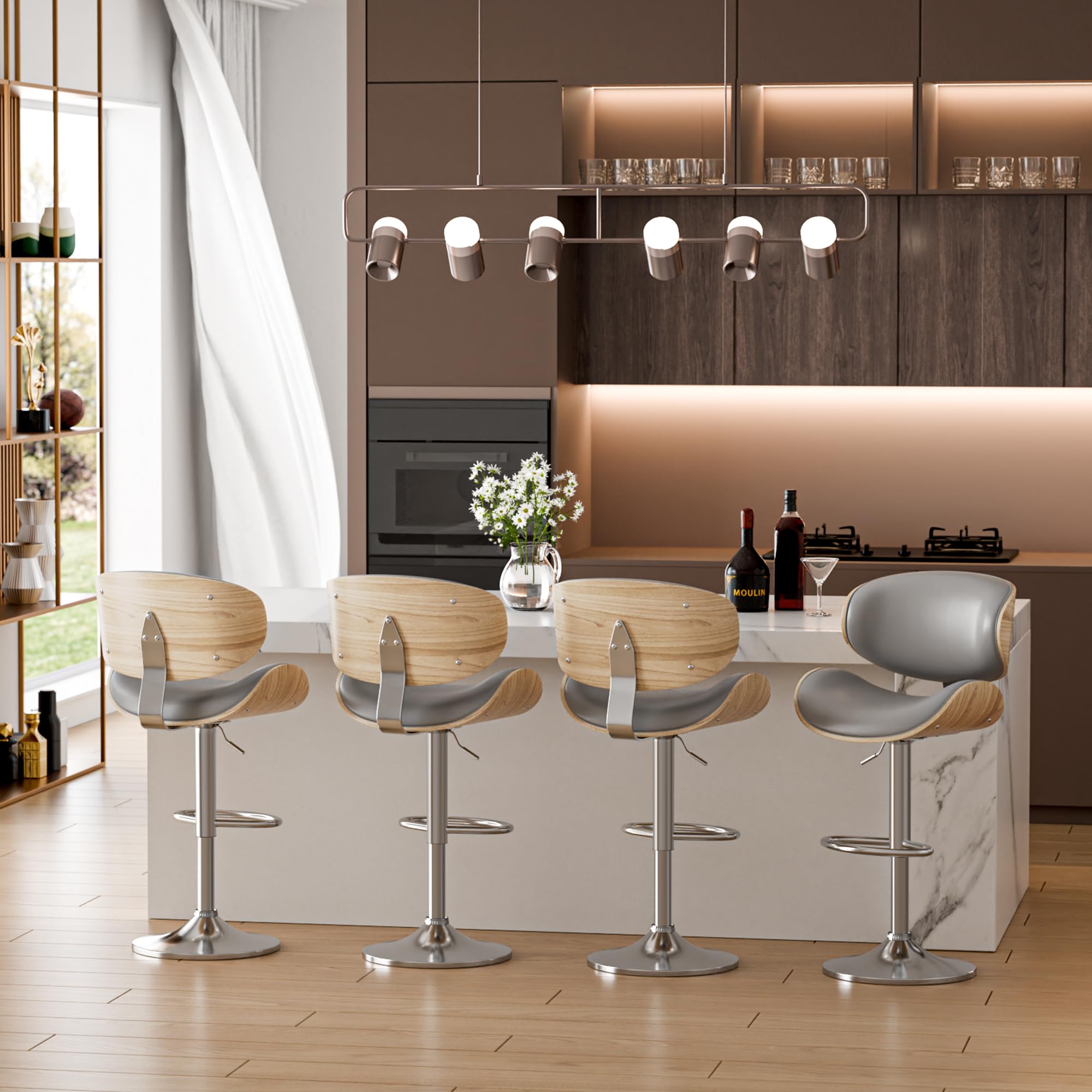 2 Pack Adjustable Swivel Leather Bar Stools - Mid Century Modern Counter Height Bar Chairs with Backrest & Footrest for Kitchen Island, Breakfast Nook or Home Bar (Grey)