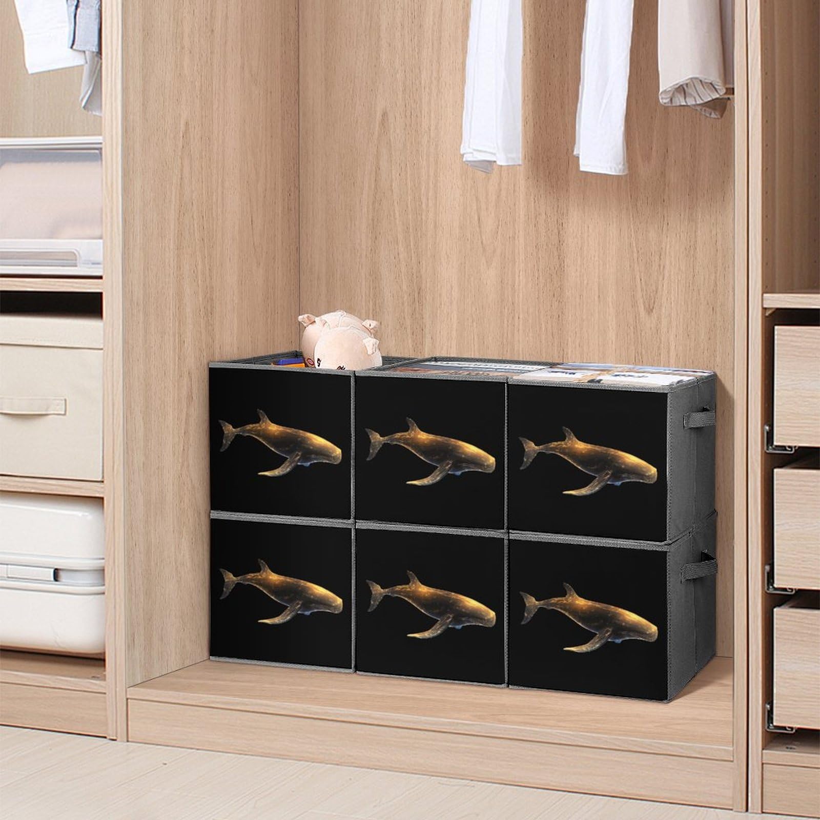 Glowing Cute Whale Foldable Storage Bins - 6 Pack Collapsible Fabric Cube Organizers with Handles for Kids Room, Nursery, Closet & Toy Organization